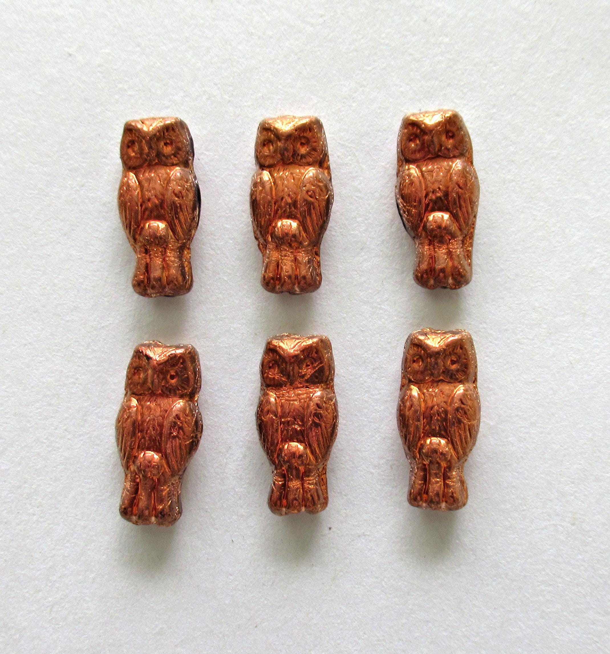 10 Czech glass owl beads - top drilled 7 x 15mm - metallic copper - pressed glass beads C0008