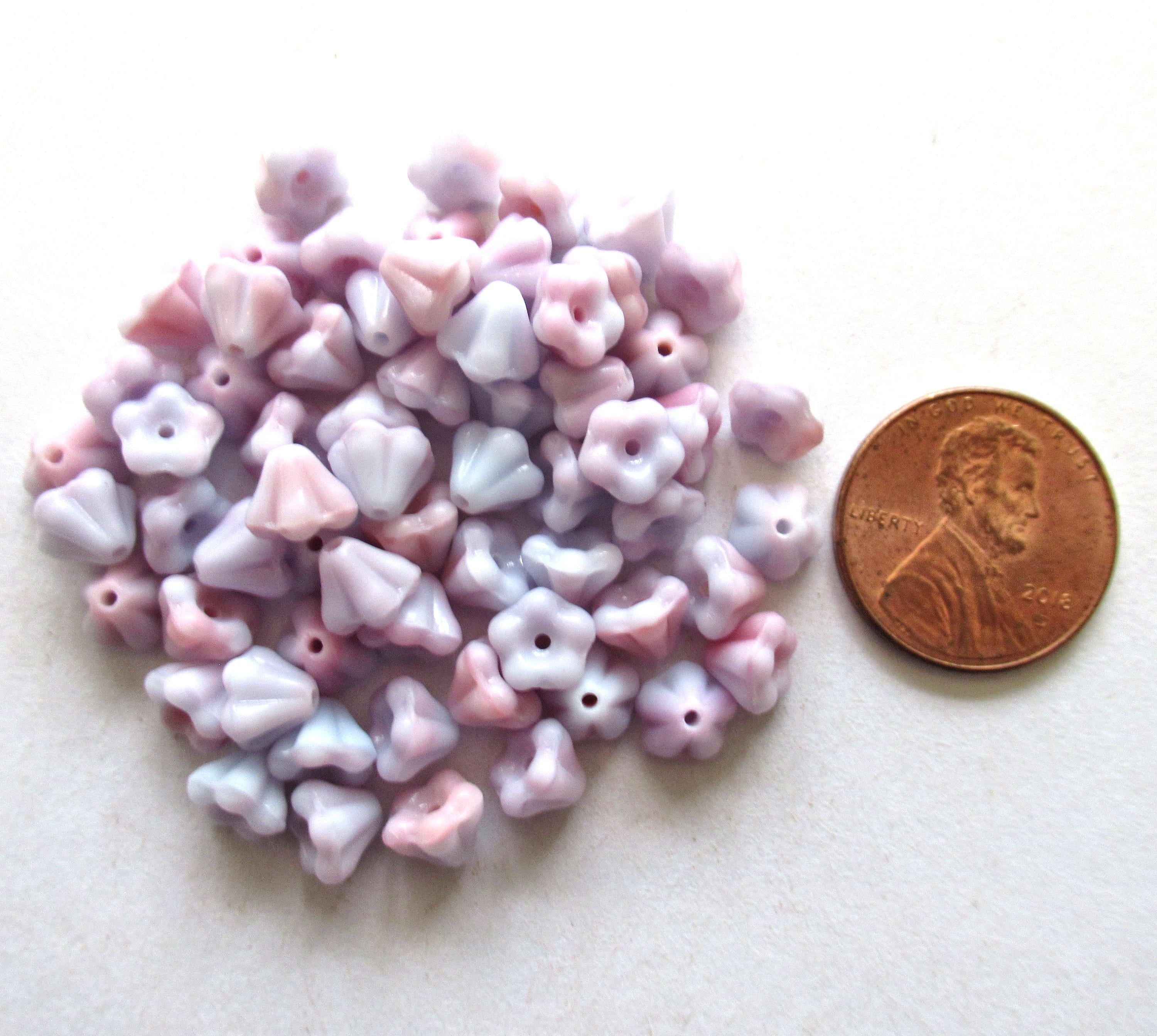 50 Czech glass baby bell flower beads - 6mm x 4mm - opaque marbled light pink and light blue pressed glass beads - C00971
