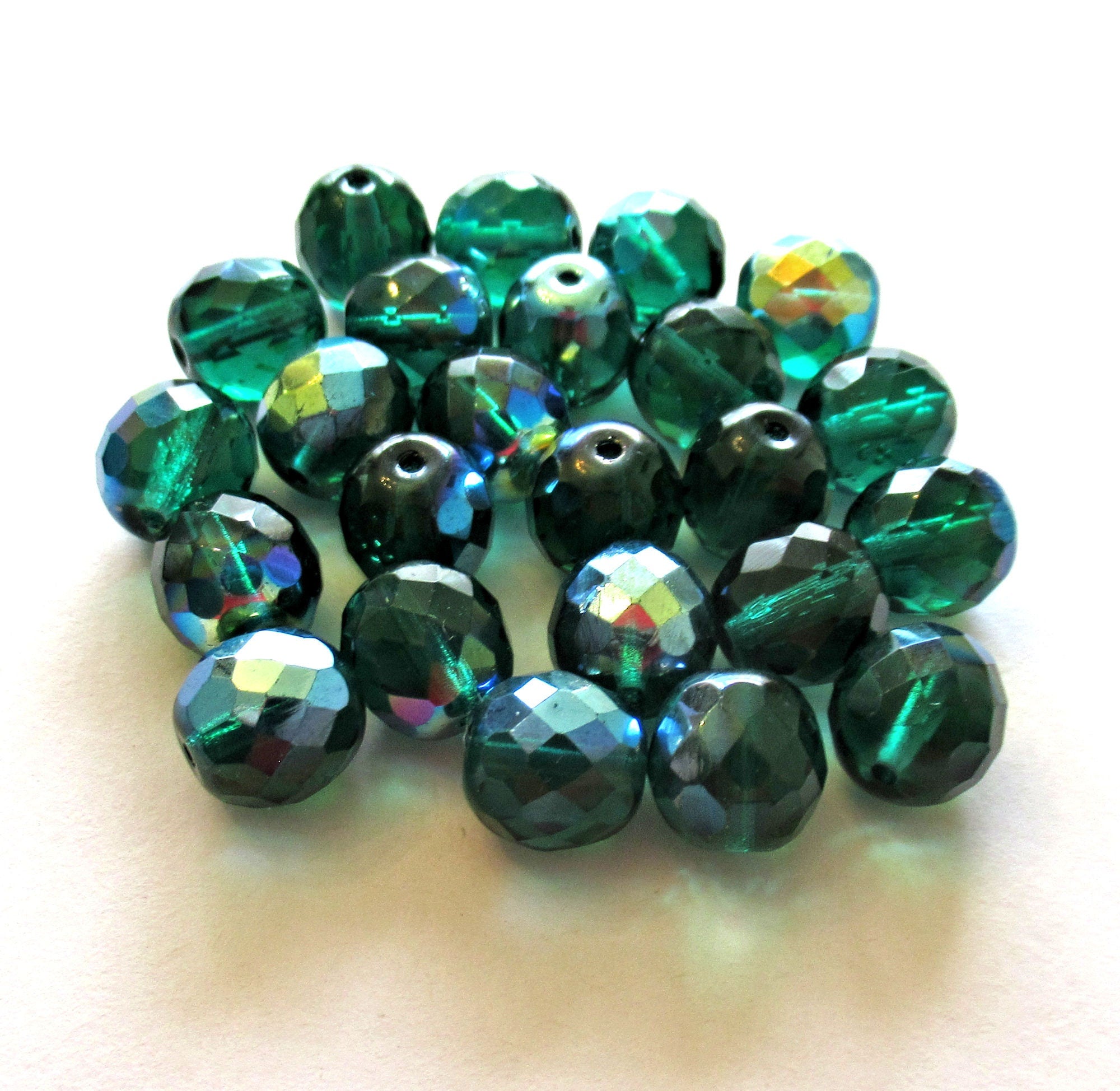 Twenty 10mm Czech glass beads - teal blue green AB beads - faceted round fire polished beads C00111