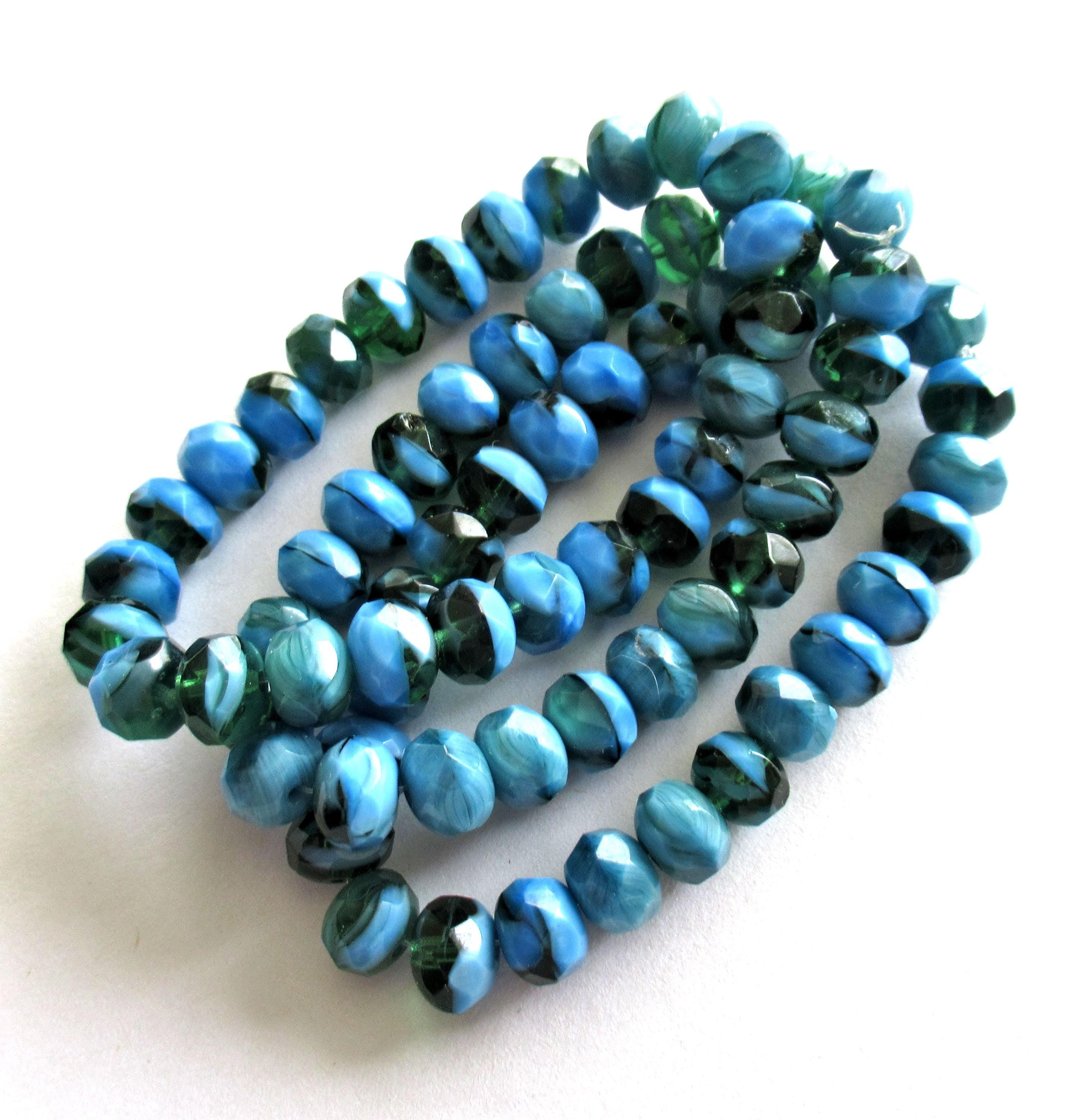 Czech glass puffy rondelle beads - 6 x 9mm - marbled opaque blue & transparent green - faceted fire polished beads - 25 pcs - C00662