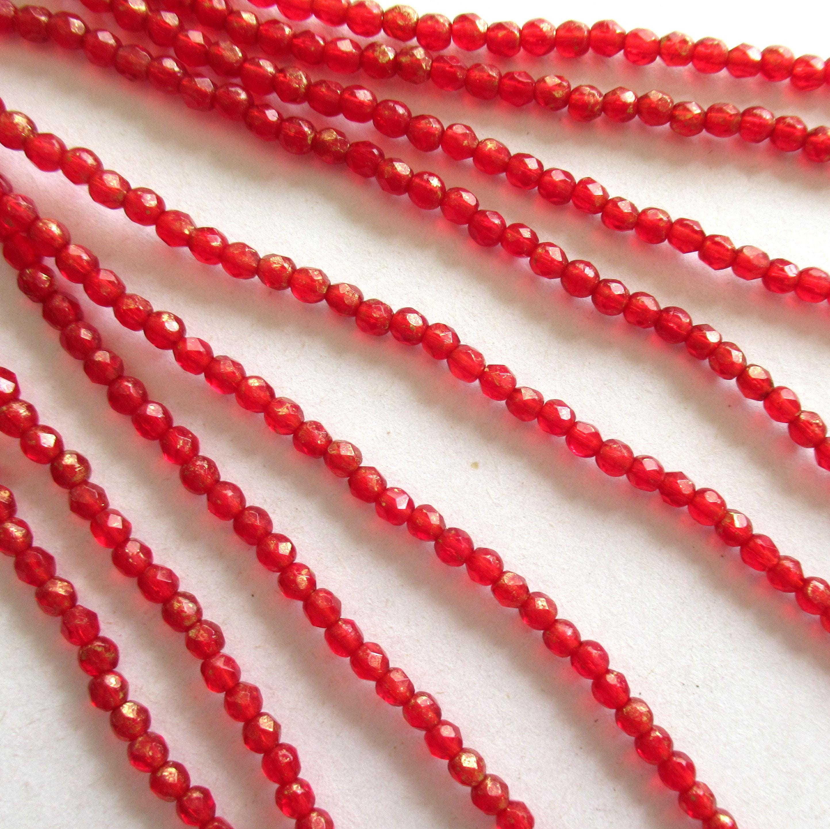 Lot of 50 3mm faceted Czech glass beads - Gold Marbled Siam Ruby Red - fire polished faceted round beads - C0094