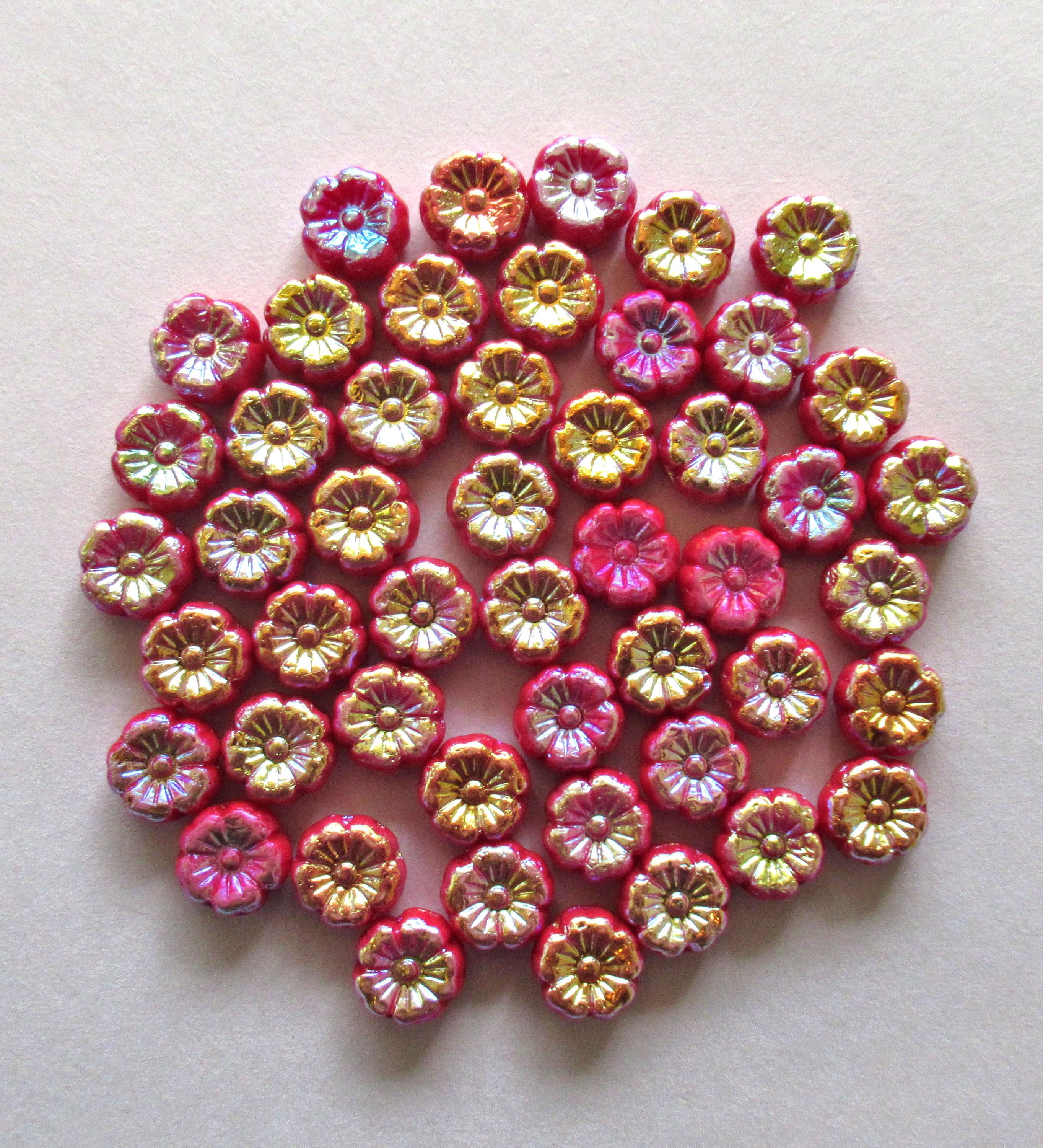 15 8mm Czech glass flower beads - opaque red with an ab finish on both sides- Hawaiian hibiscus flower beads - C00501