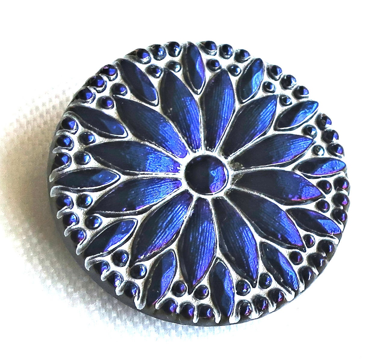 One 31mm Czech glass daisy flower button - dark blue luster with a silver wash - decorative floral shank buttons 00043