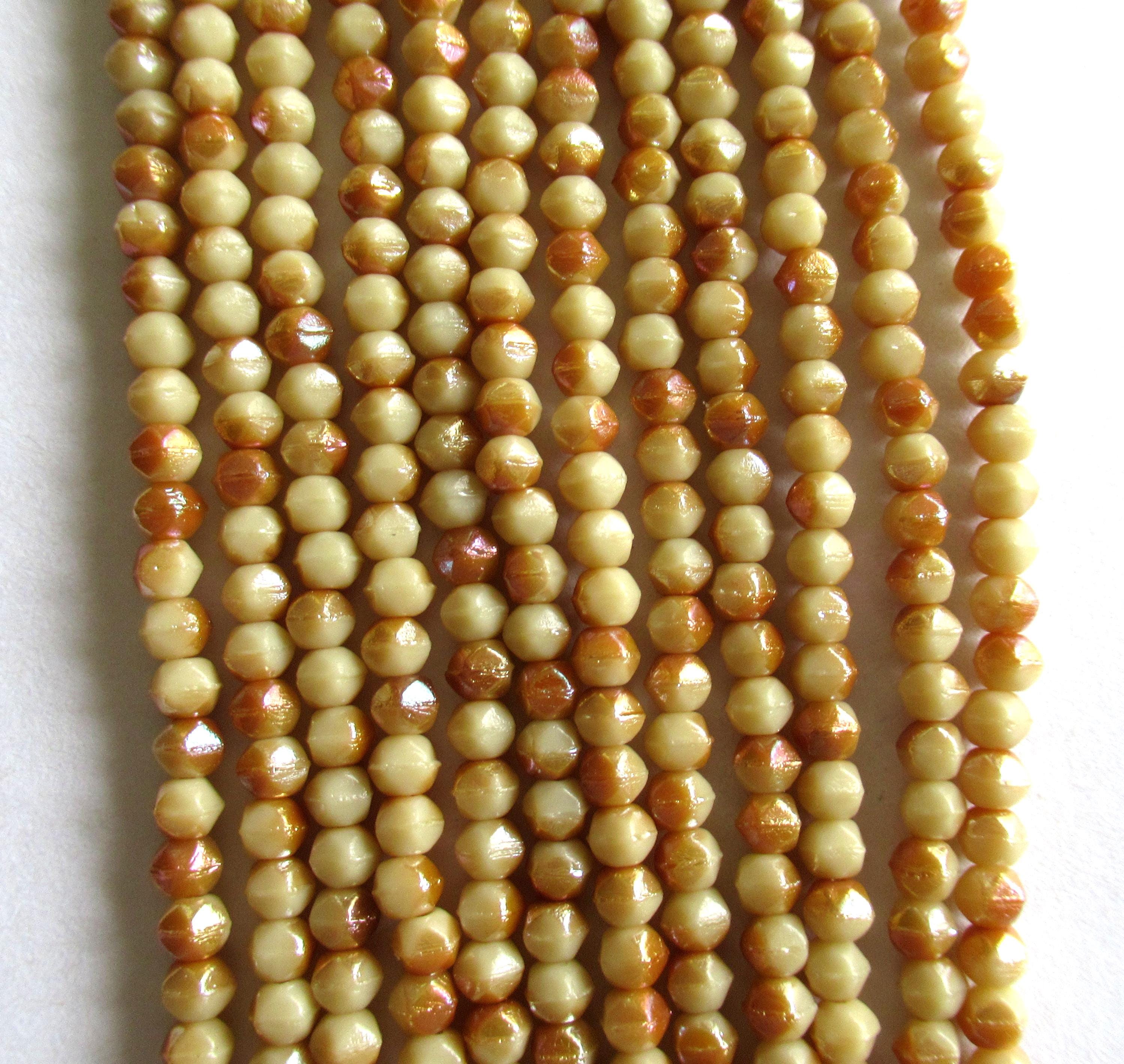 100 3mm English cut Czech glass beads - Antique Beige Celsian - opaque beige & caramel white spacer beads with a celsian finish - C0019
