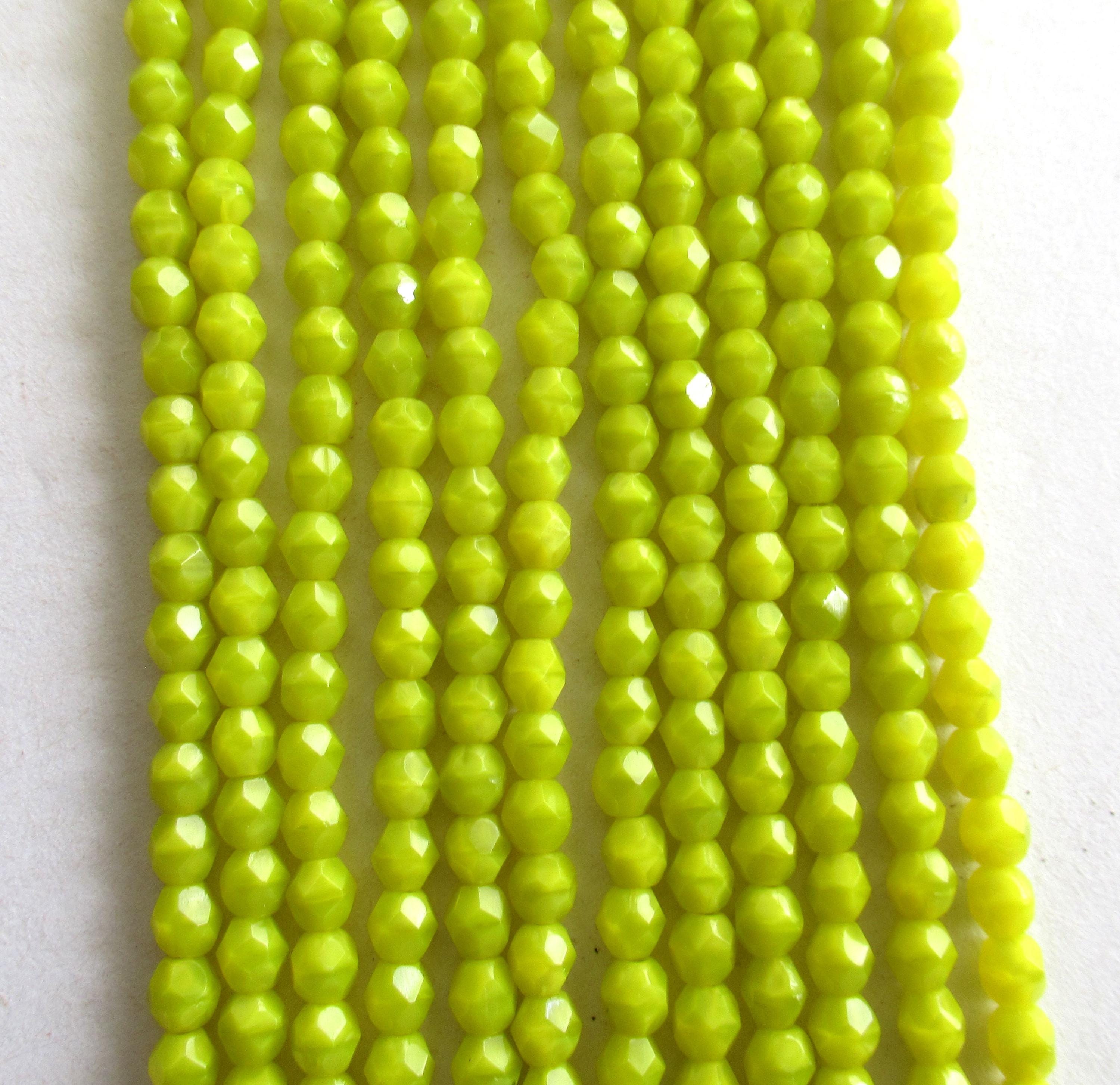 50 faceted round Czech glass beads - 4mm - chartreuse - bright yellow green - fire polished beads - C0046