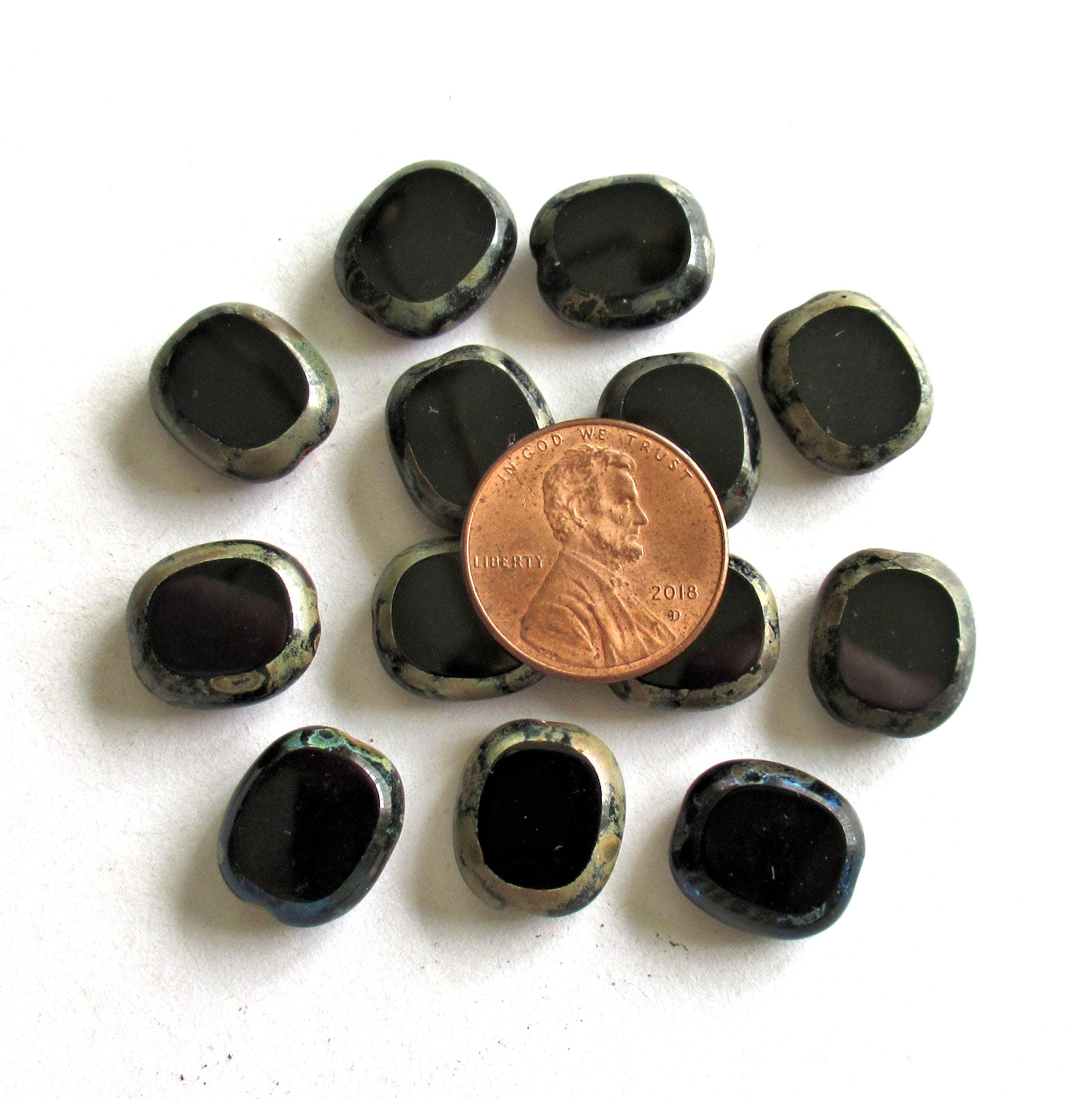 Six large Czech glass oval beads - 14 x 12mm jet black picasso beads - table cut window beads - 00551