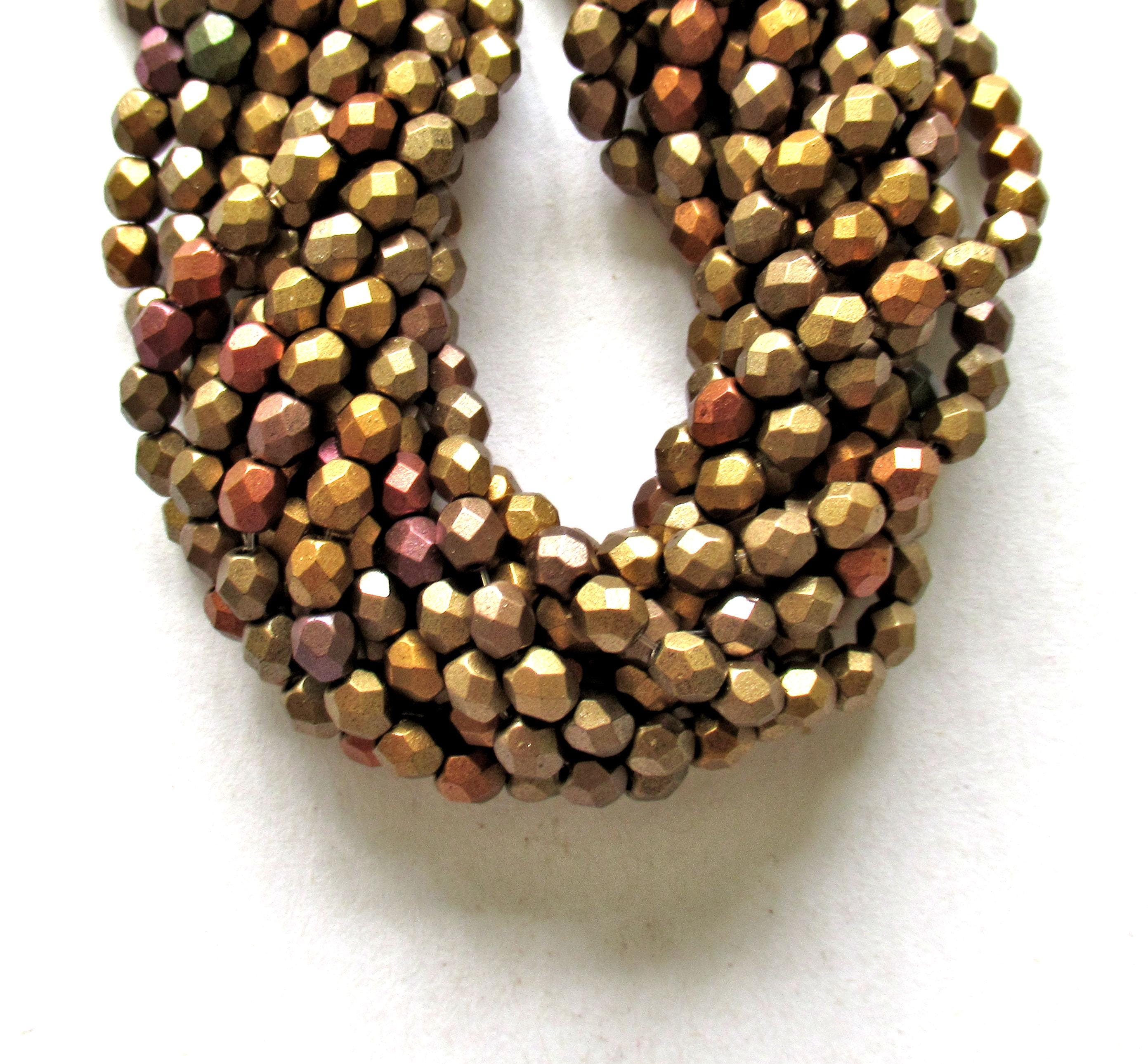 50 4mm Czech glass faceted round beads - matte metallic gold iris - fire polished beads, C1550