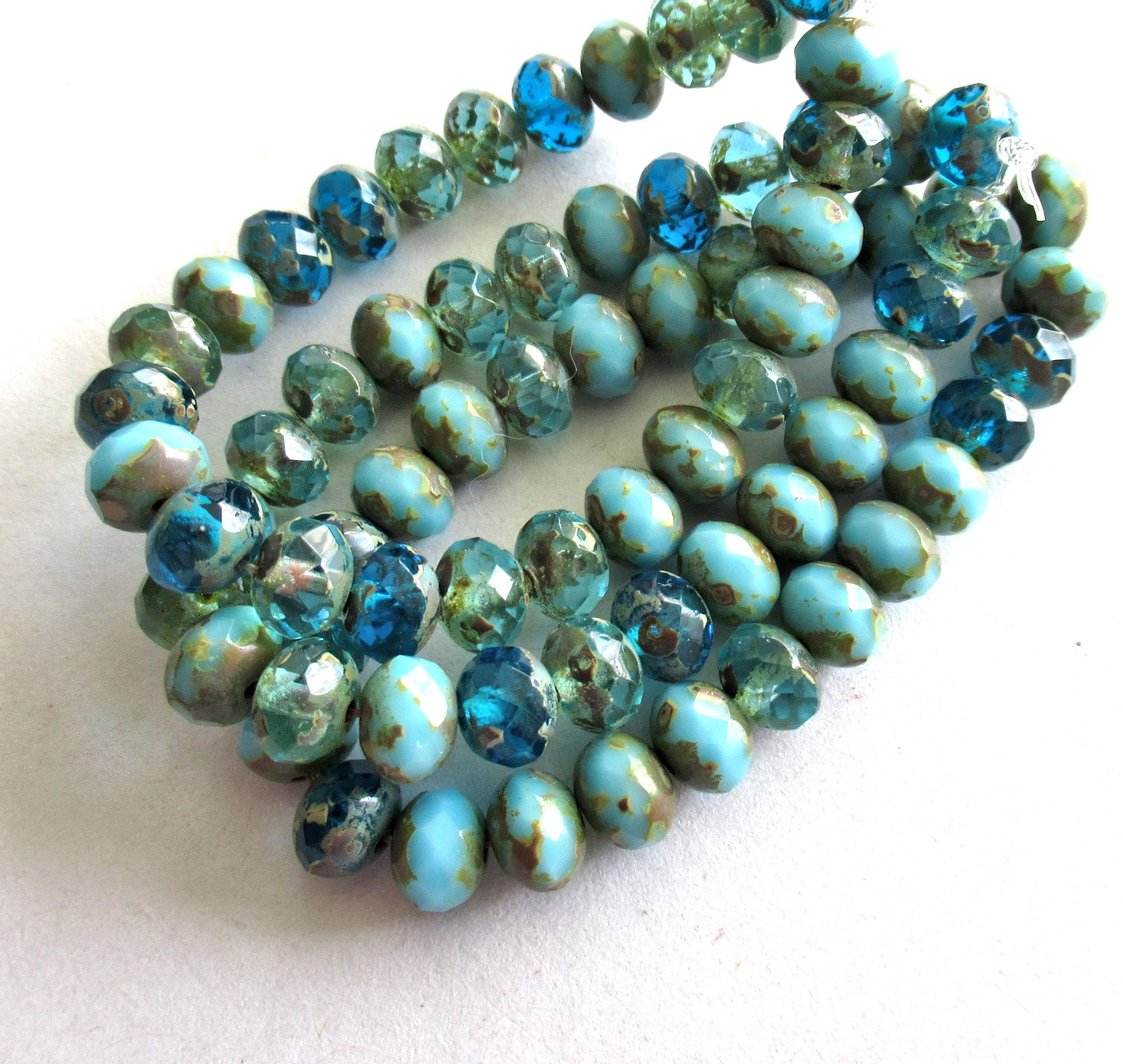 25 Czech glass puffy rondelle or donut beads - 5 x 7mm transparent & opaque blue mix picasso beads - fire polished faceted beads 00181