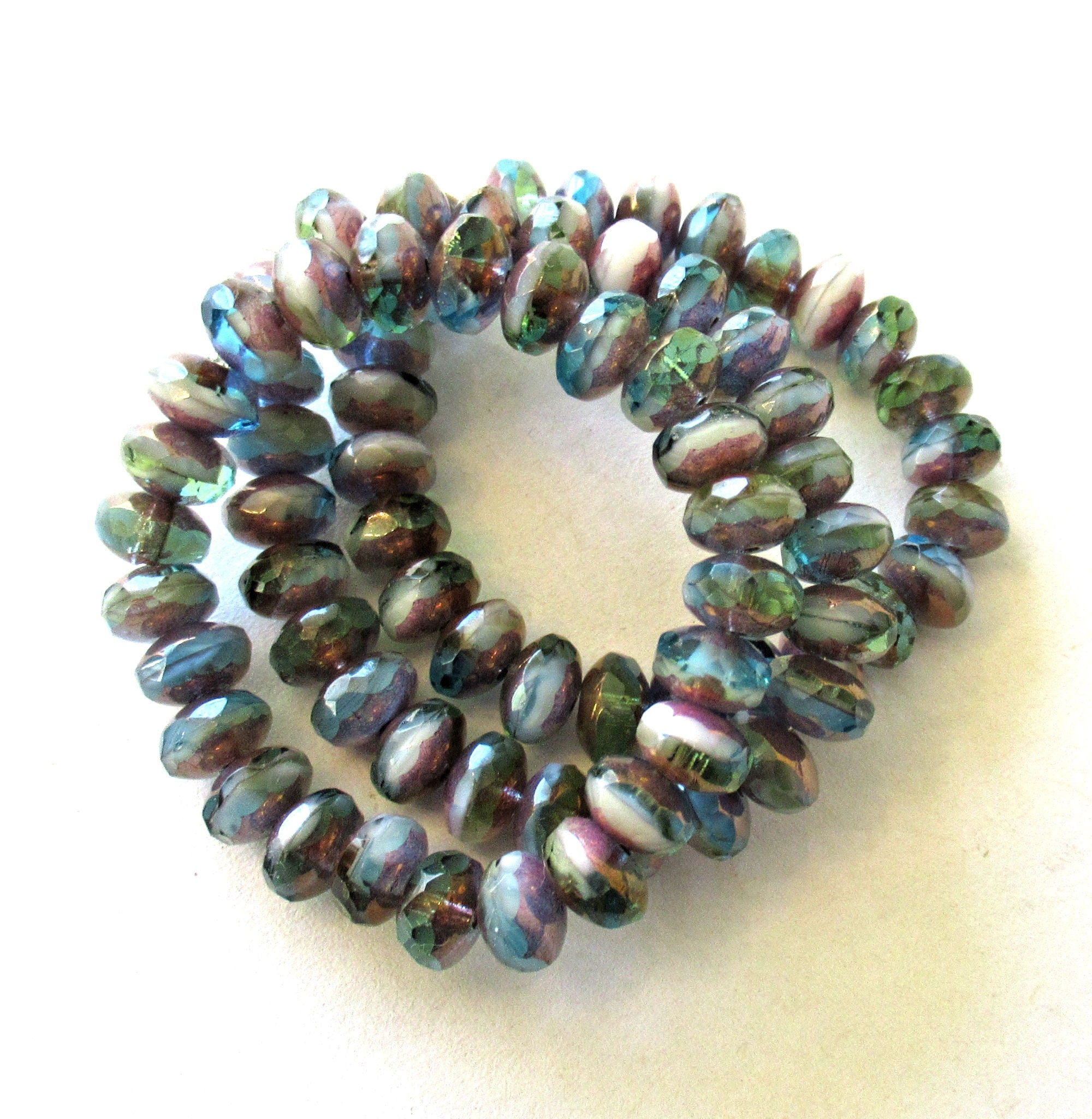 25 Czech glass puffy rondelle beads - 5 x 7mm transparent & opaque Peruvian opal color mix faceted rondelles - 00612