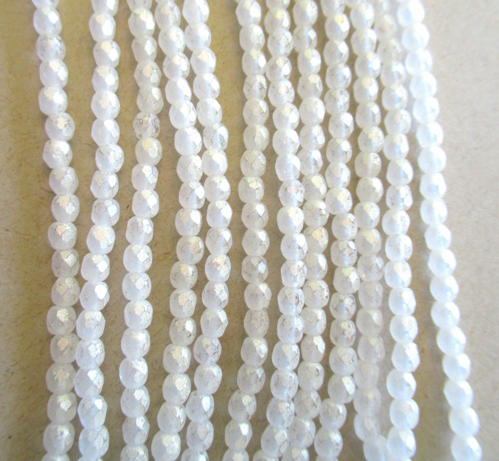 50 3mm Czech glass beads - Sueded Gold Crystal - clear beads with a frosted gold finish - white fire polished, faceted round beads - C0074