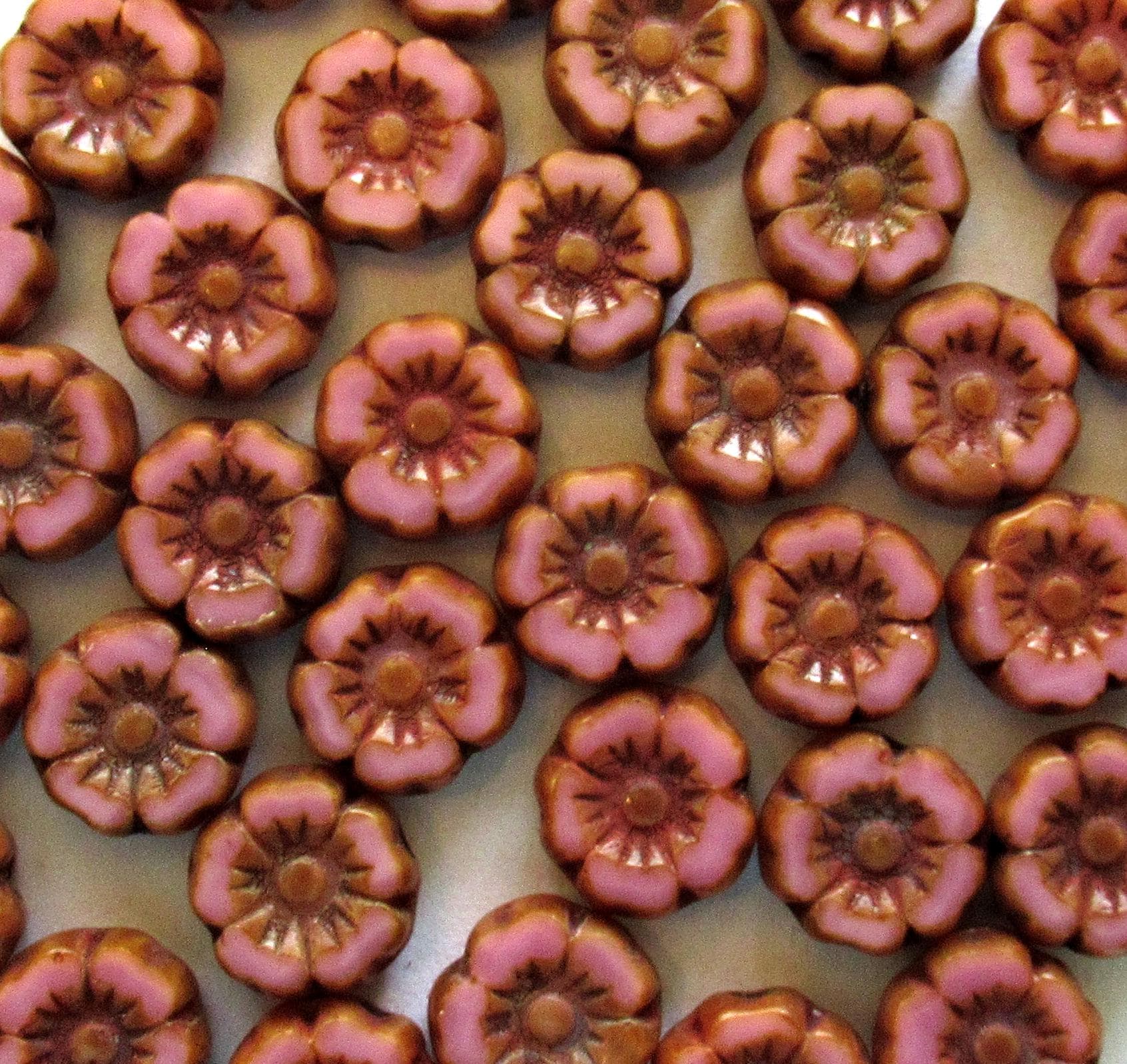Twelve small 7mm Czech glass flower beads - opaque pink silk picasso beads - table cut carved Hawaiian hibiscus floral beads - C00171