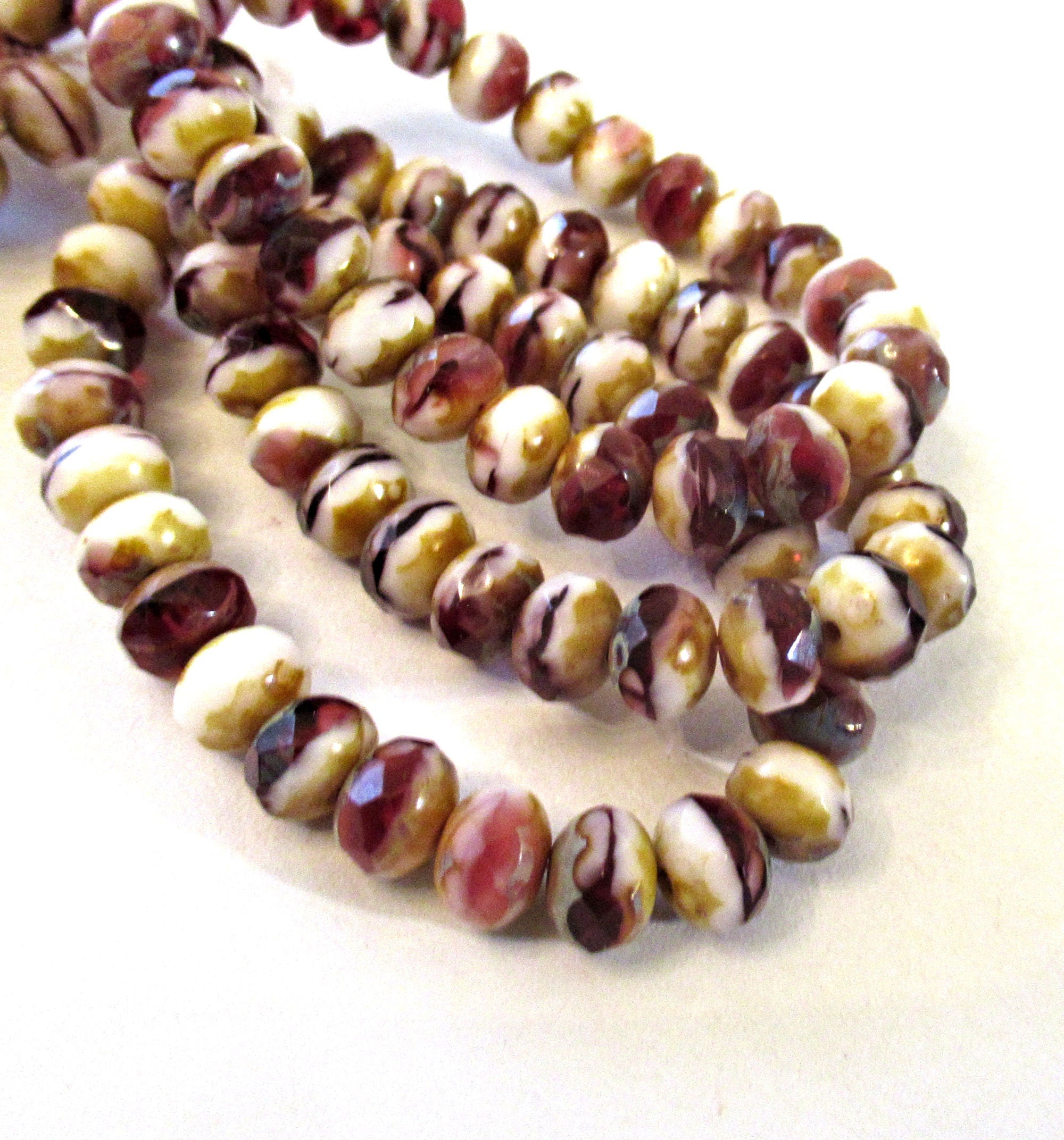 Lot of 25 Czech glass puffy rondelle beads - 5 x 7mm amethyst, pink and white color mix w/ picasso accents - faceted rondelles, C00571