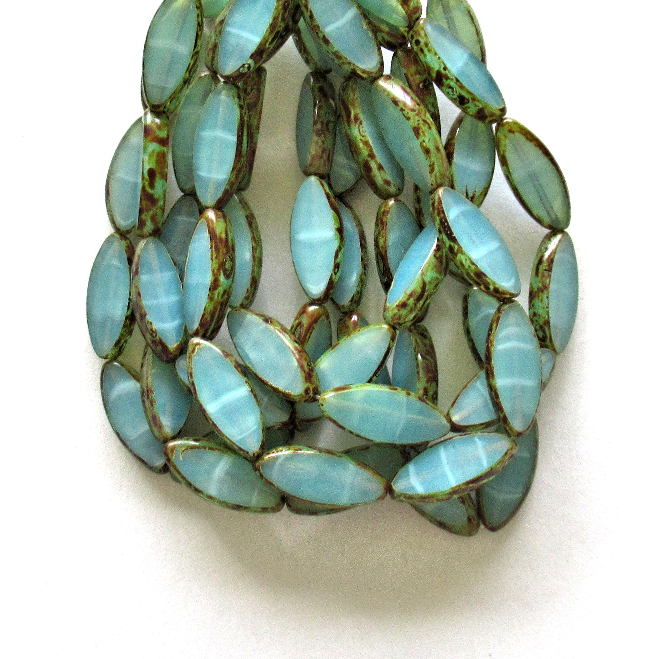 Ten Czech glass spindle beads - 7 x 18mm translucent sea-foam blue green striped picasso beads - oblong oval beads - table cut beads C00432