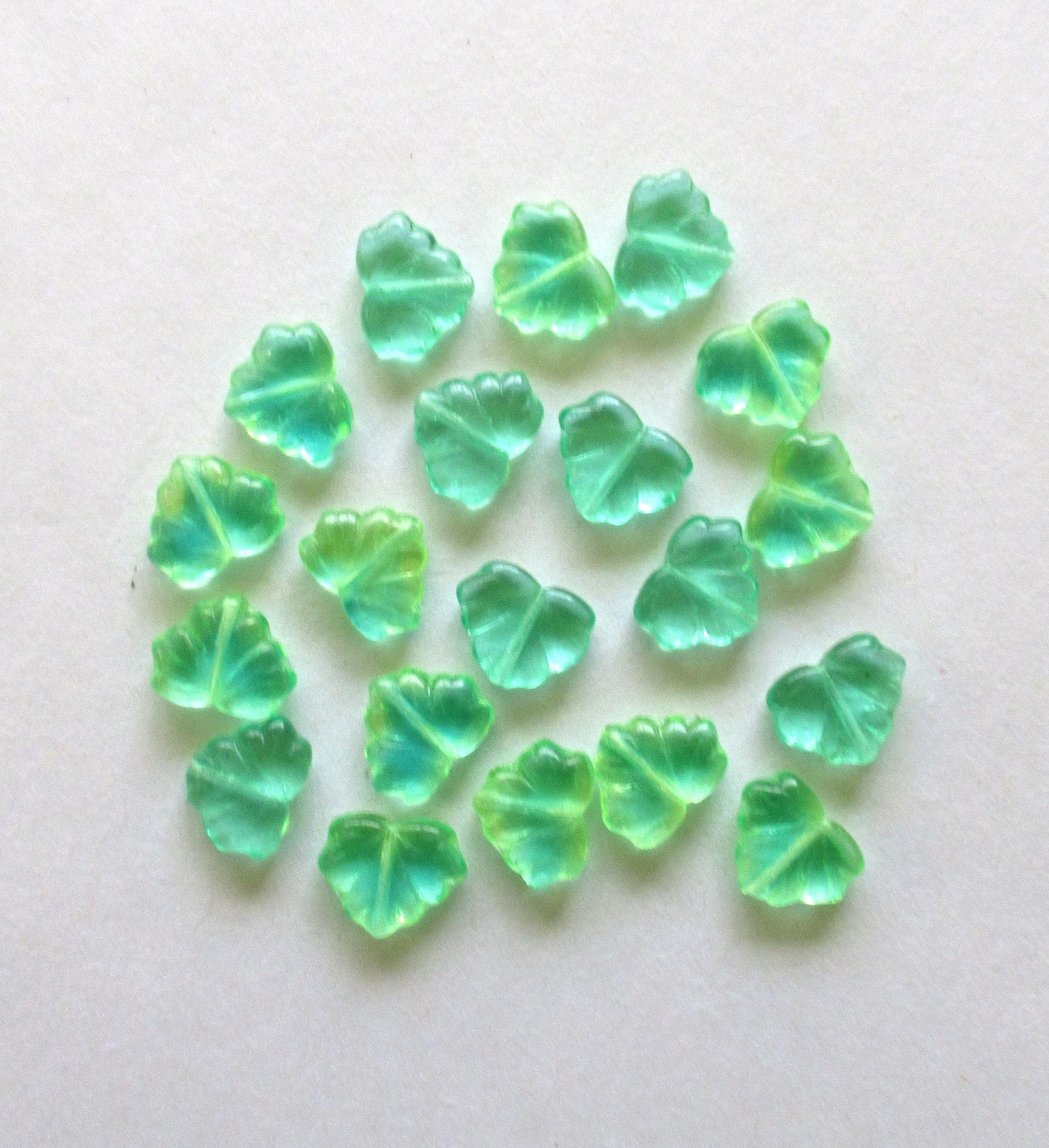 10 Czech glass maple leaf beads - transparent blue green mix leaves - center drilled - 13 x 11mm leaves- C00011