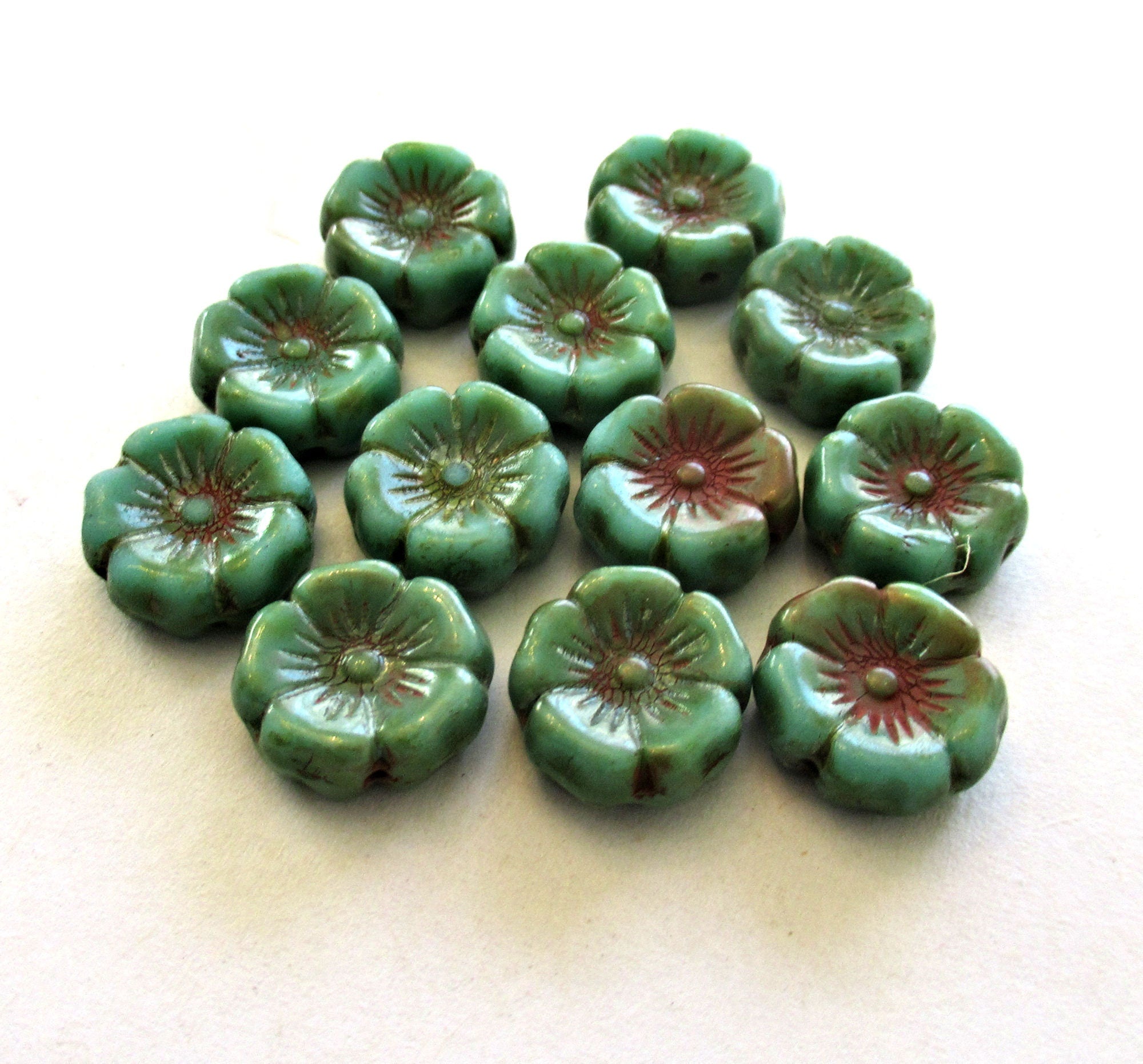 12 Czech glass flower beads - opaque turquoise blue green picasso - 12mm Hawaiian Hibiscus floral beads C00571