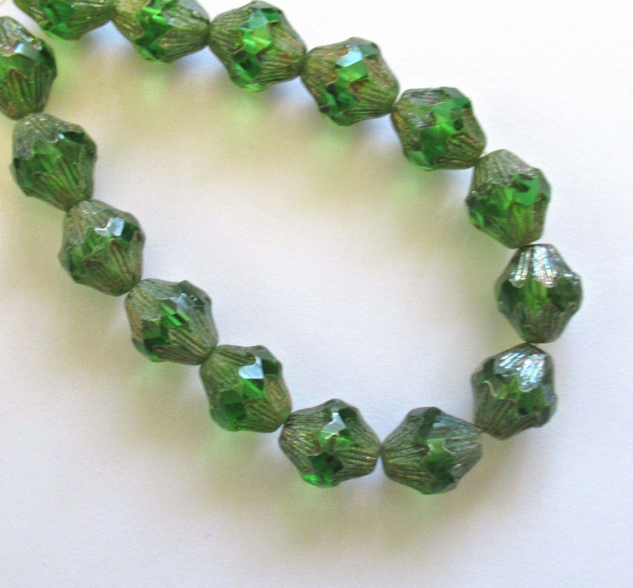 Lot of five 13mm Czech glass bicones - large emerald green picasso chunky, faceted bicone beads - C0067