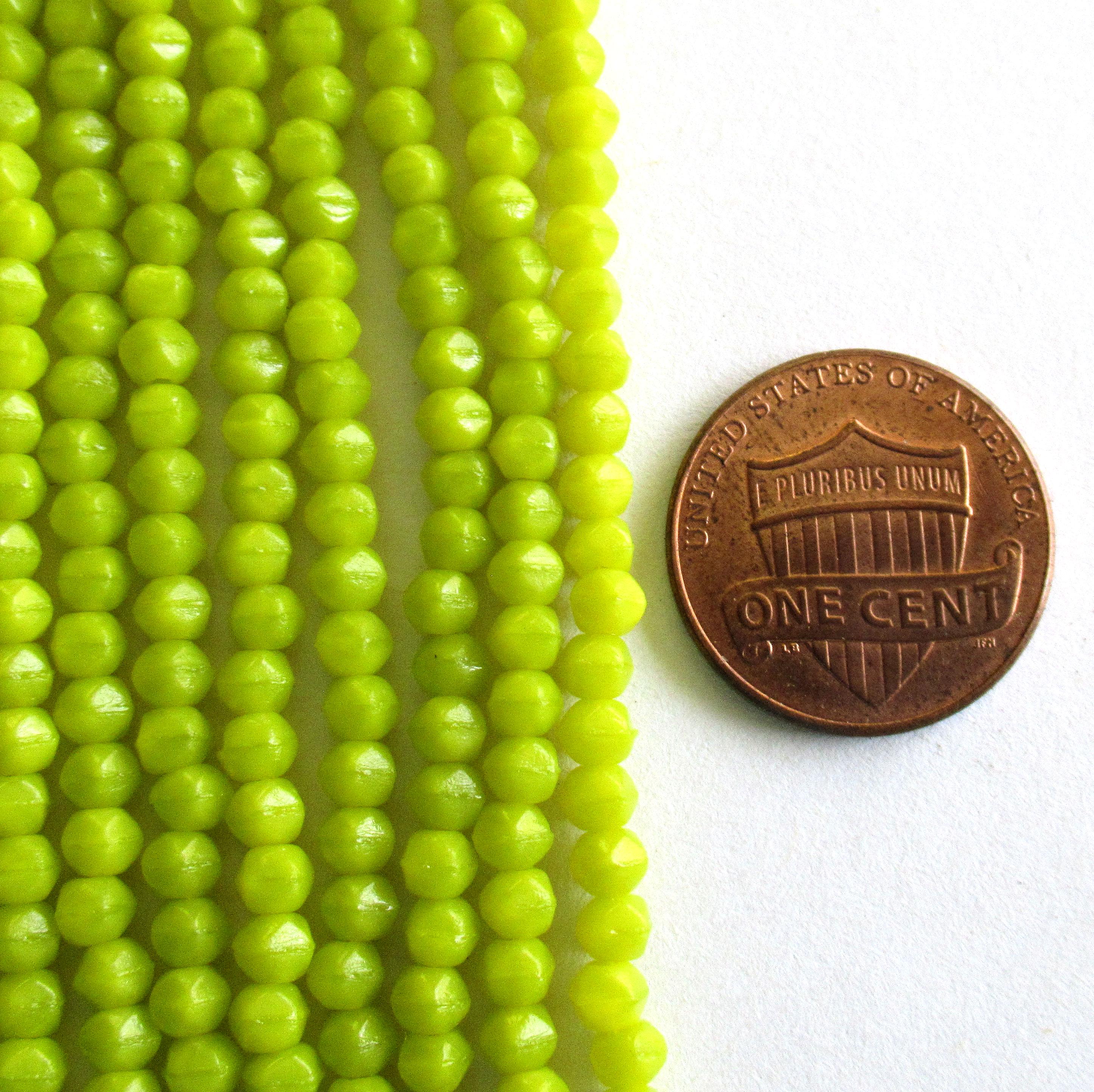 100 3mm English cut Czech glass beads - chartreuse - bright yellow green spacer beads - pressed glass beads - C0078