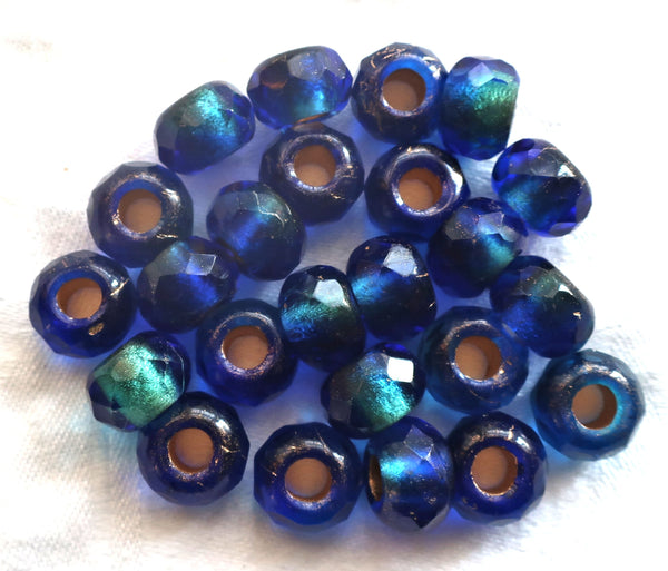 Five 12mm x 8mm Czech glass faceted roller beads - large gold lined cobalt & aqua blue mix - big 5mm holes, big hole bead 41101 - Glorious Glass Beads