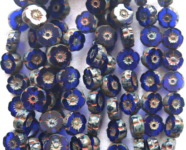 Lot of 15 8mm Czech glass flower beads, transparent royal blue, red & silver picasso accents, table cut, carved Hawaiian flower beads C12201