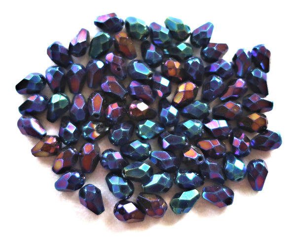 Lot of 25 7 x 5mm Blue Iris teardrop Czech glass beads, faceted firepolished beads C3601