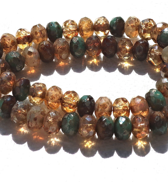 30 small Czech glass puffy rondelle beads, rustic earth tones picasso mix 3mm x 5mm faceted rondelles 53101 - Glorious Glass Beads