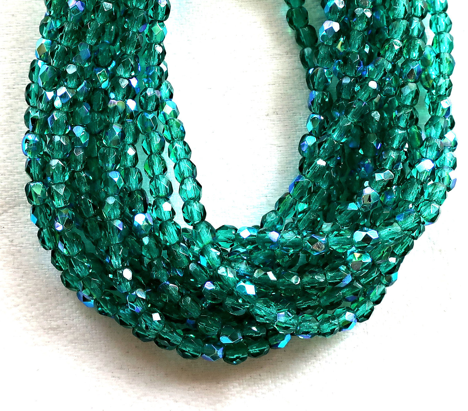 Lot of 50 3mm Emerald Green AB Czech glass beads, faceted, round, firepolished beads C7401 - Glorious Glass Beads