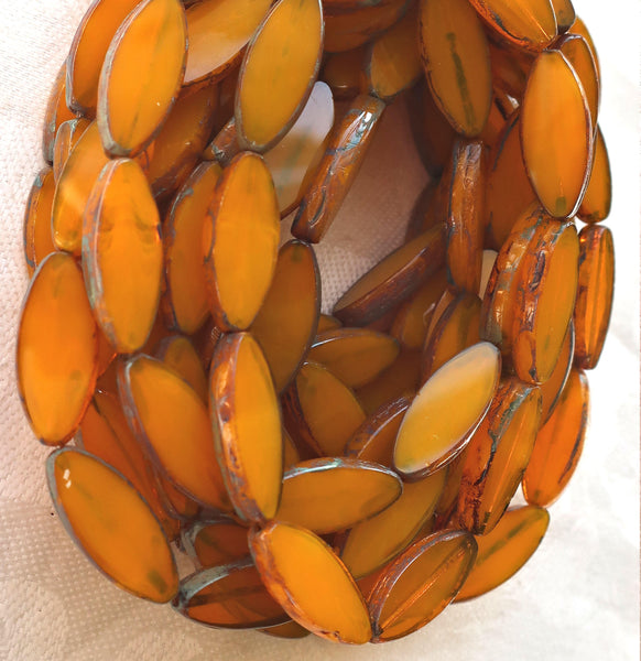 Ten 20 x 9mm translucent, marbled mustard yellow table cut, picasso Czech glass spindle beads, almond shaped tube beads C33201