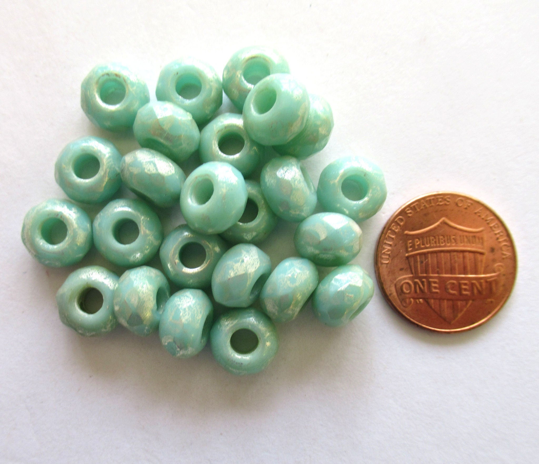 Twelve Czech glass faceted roller or rondelle beads - opaque mint green w/silver mercury finish - 6 x 9mm big 3.5mm hole tyre beads 00041