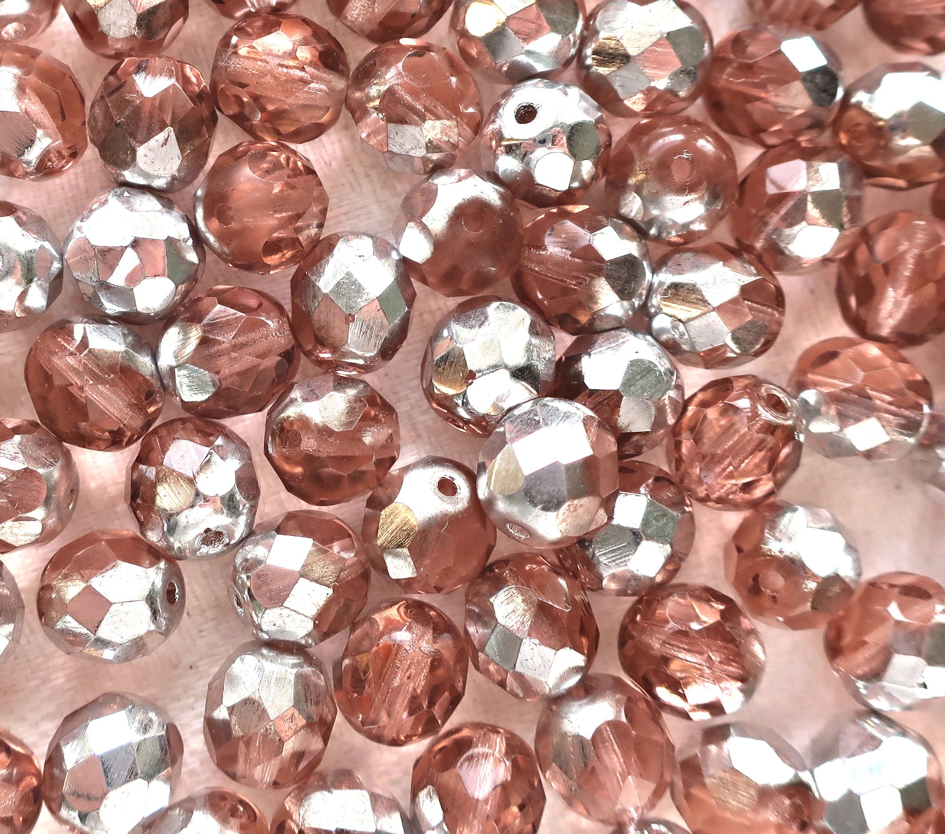 Lot of 25 8mm Pink & Silver Czech glass beads, faceted round firepolished beads C9625 - Glorious Glass Beads