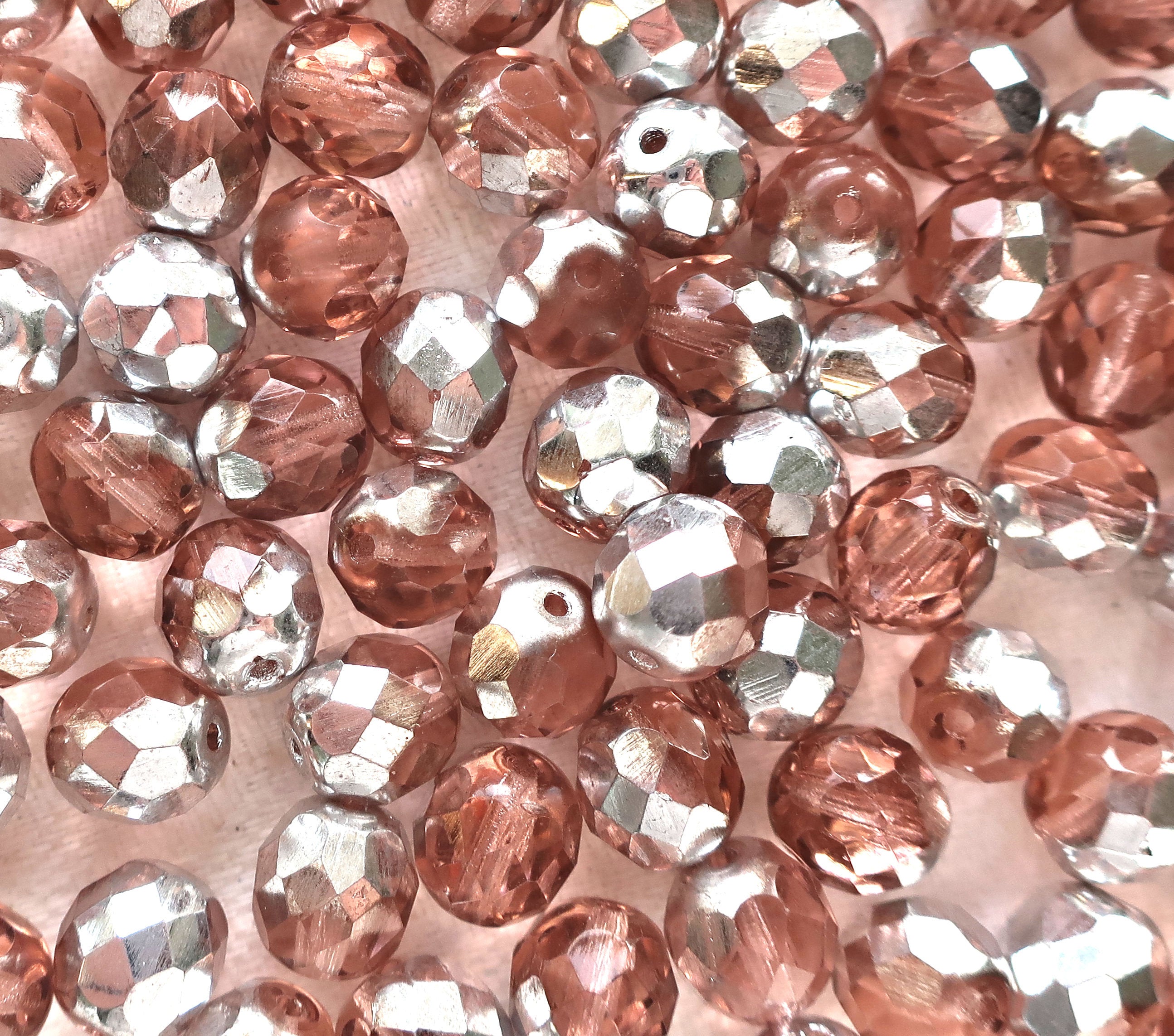 Lot of 25 8mm Pink & Silver Czech glass beads, faceted round firepolished beads C9625 - Glorious Glass Beads