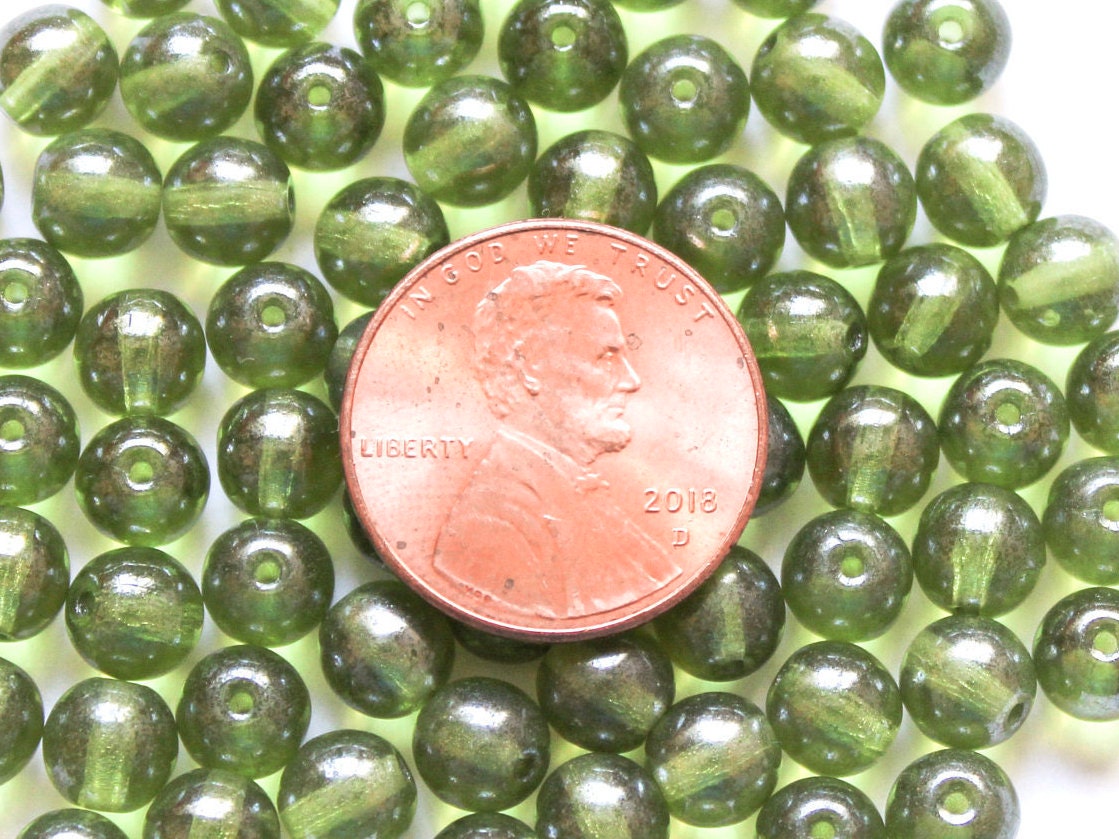 Lot of 50 6mm Czech glass druks, olivine green shimmer smooth round druk beads C0054