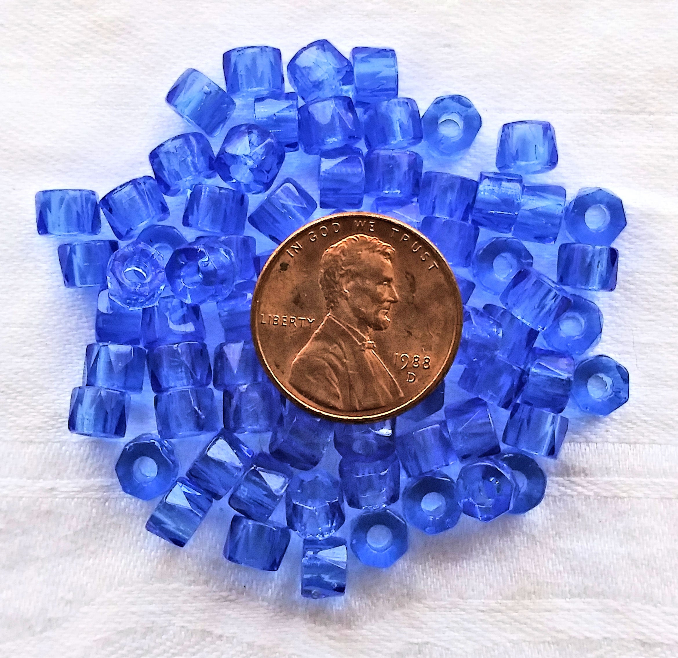 50 6mm Czech transparent medium sapphire blue, faceted pony, roller beads, large hole fire polished crow beads, C52150 - Glorious Glass Beads