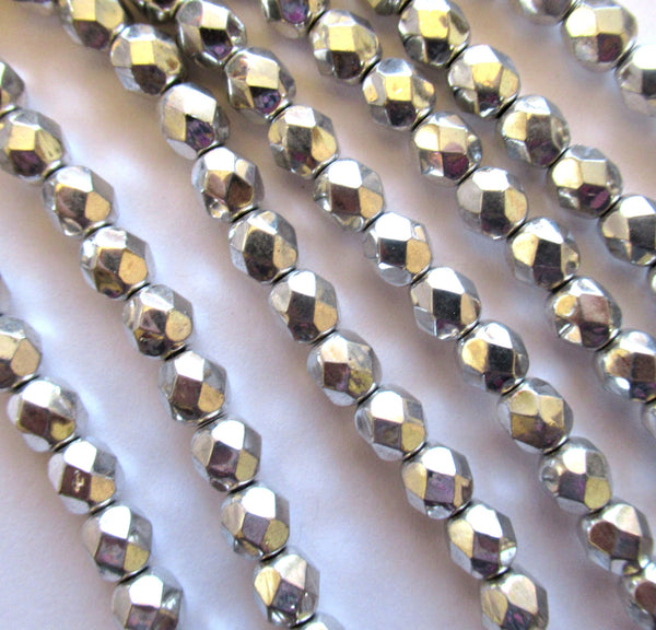 Lot of 25 6mm metallic silver Czech glass beads - round, faceted fire polished beads C0055