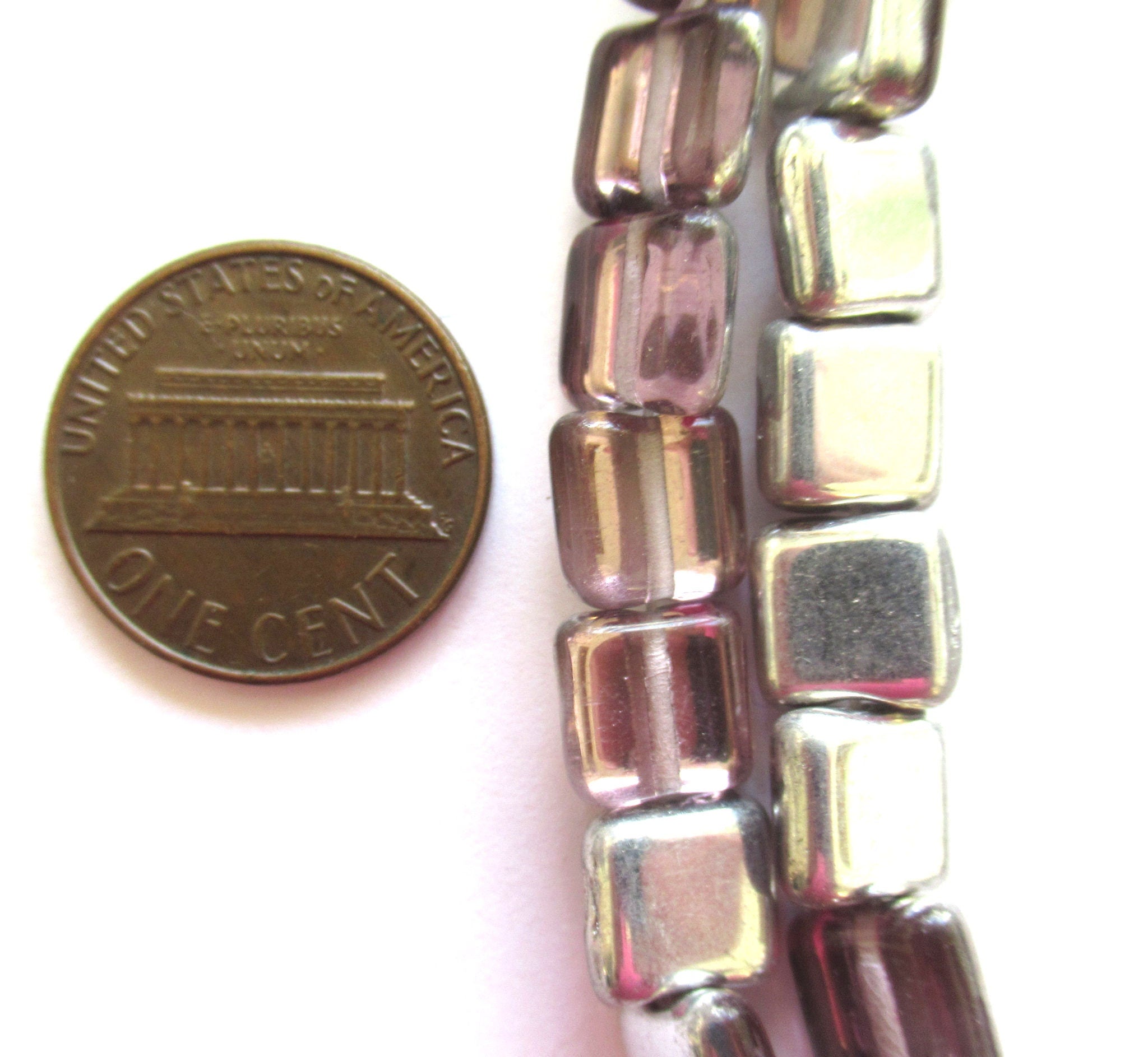 Lot of 30 8mm one hole flat square Czech glass beads - light amethyst / purple and silver beads - C00211