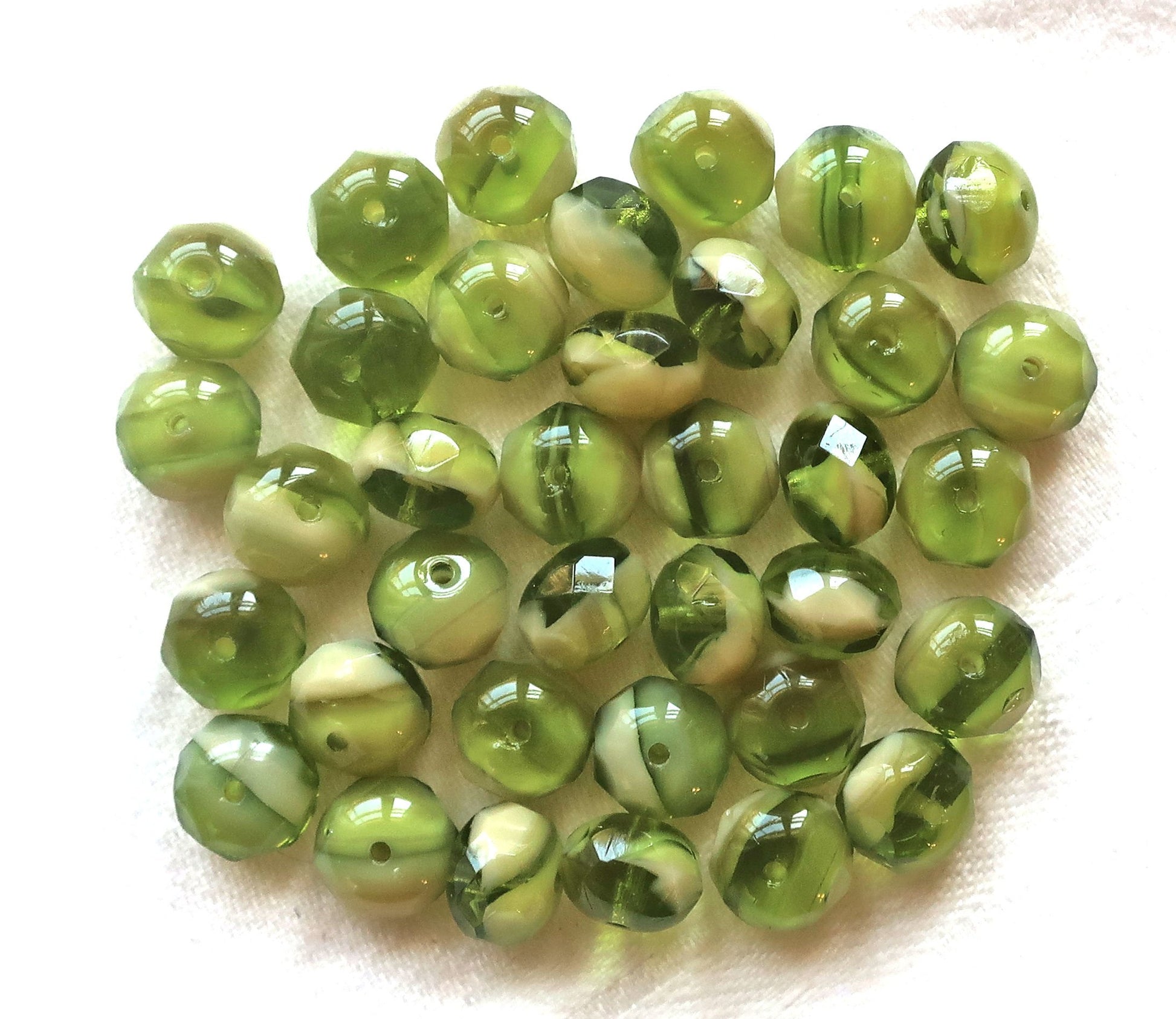 25 faceted Czech glass puffy rondelle beads, 8 x 6mm transparent & opaque marbled olivine green and white mix rondelles on sale 03101 - Glorious Glass Beads