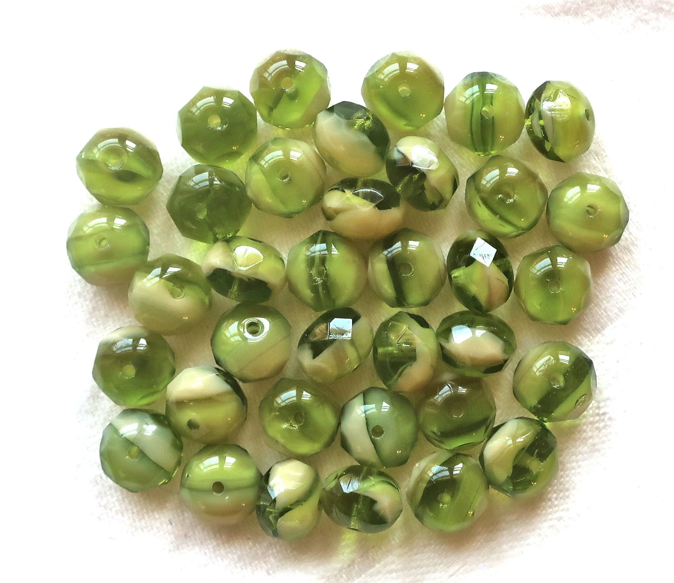 25 faceted Czech glass puffy rondelle beads, 8 x 6mm transparent & opaque marbled olivine green and white mix rondelles on sale 03101 - Glorious Glass Beads