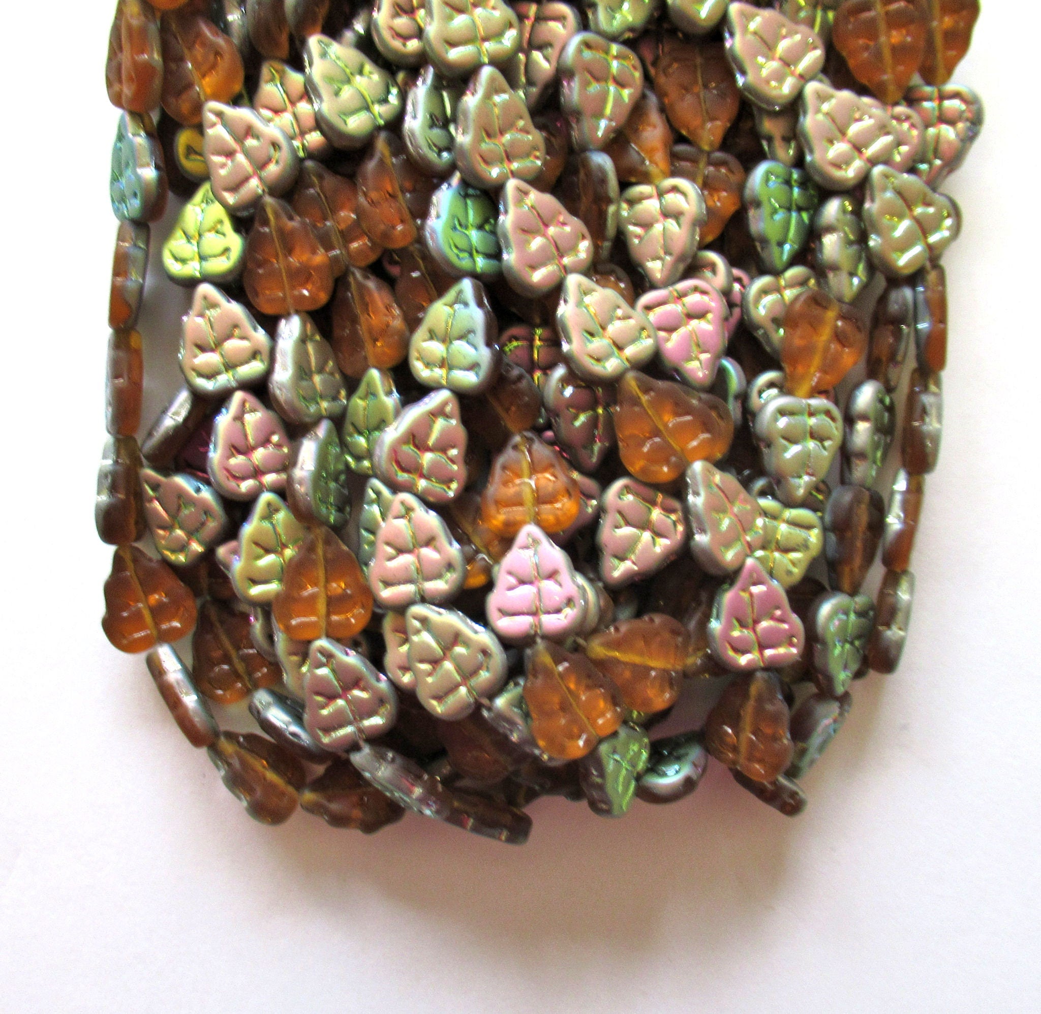 25 Czech glass leaf beads - dark topaz AB - center drilled 8 x 10mm beads C0035