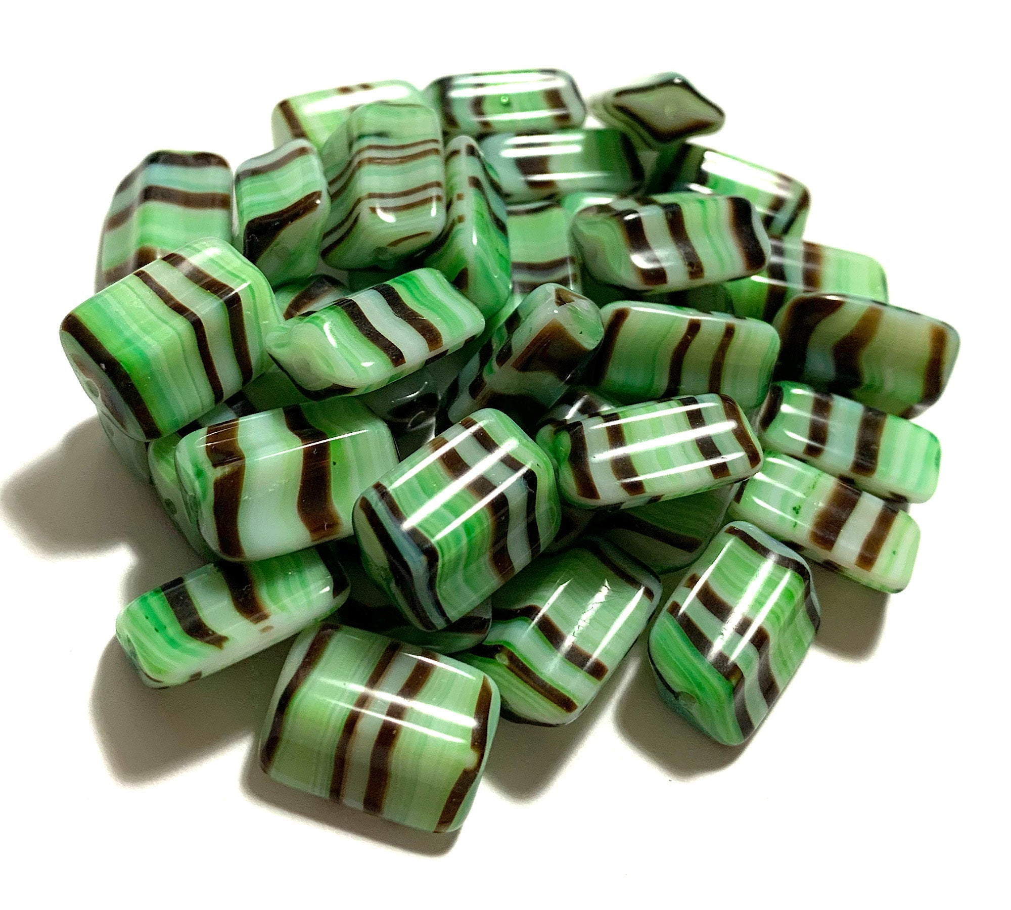 Six Czech glass rectangle beads - 16 x 12mm green, brown, and white striped - 4-sided diamond shaped large, chunky rectangle beads C0005