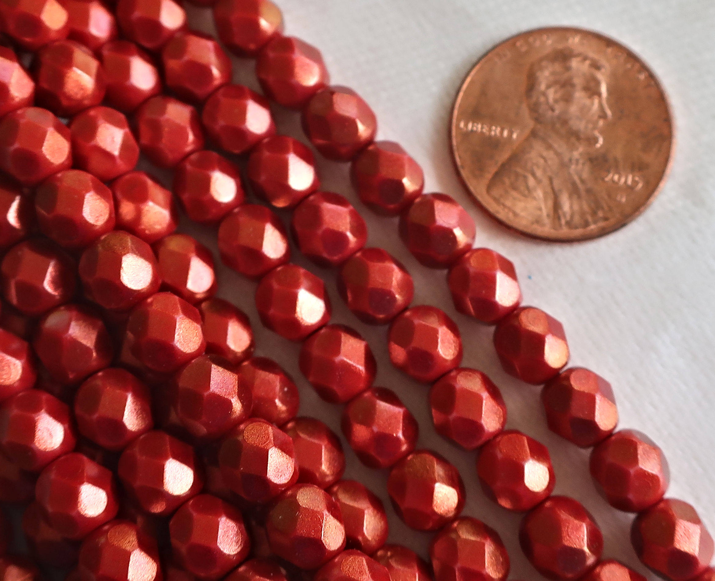 lot of 25 6mm Halo Etserial Cardinal Red Czech glass beads, firepolished, faceted round beads with a metalilc look, C7201 - Glorious Glass Beads