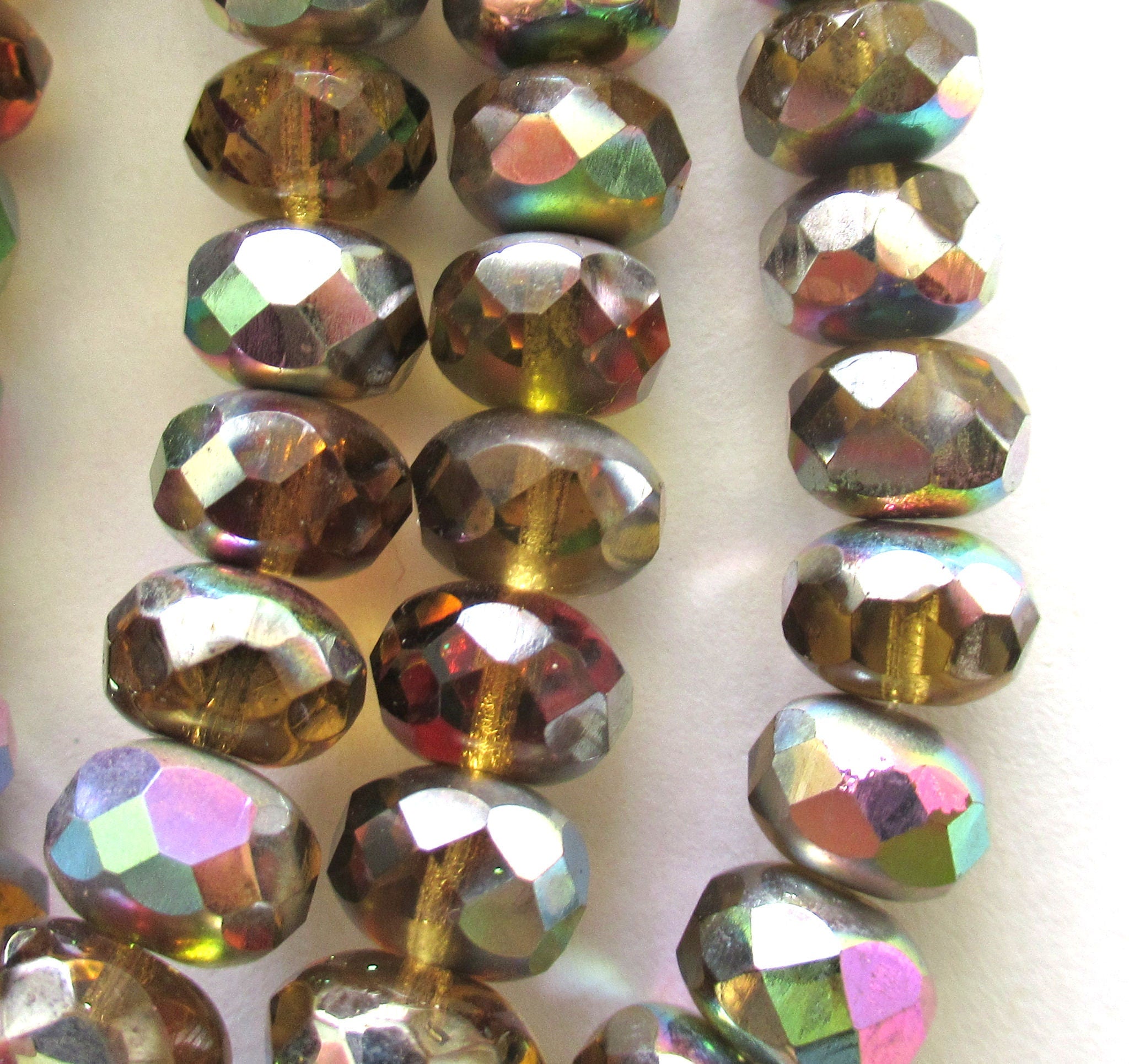 Lot of 30 Czech glass puffy rondelle beads - amber / topaz / brown vitral rondelles - 6 x 9mm fire polished faceted beads- 00012