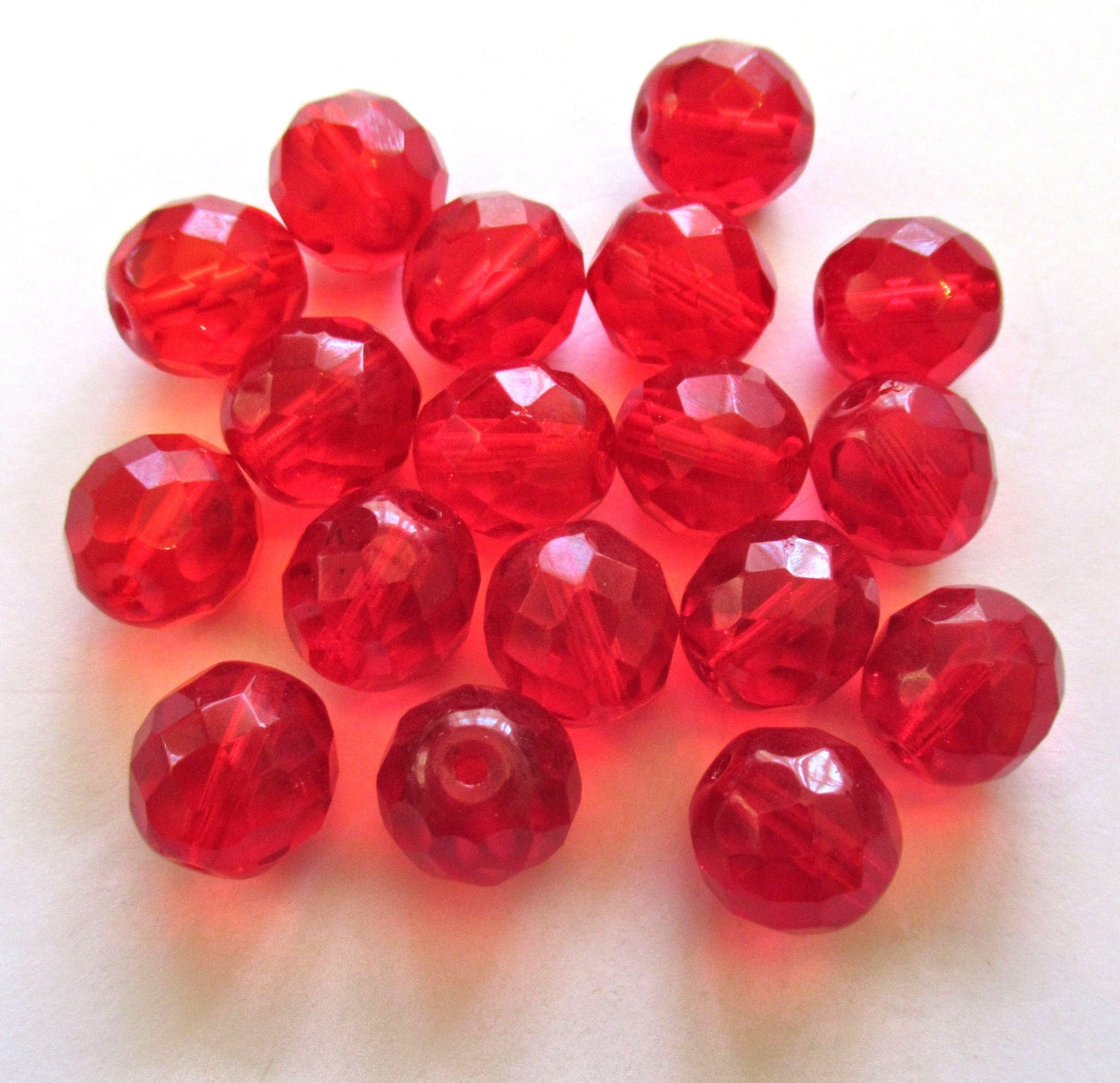 Ten Czech glass fire polished faceted round beads - 12mm transparent siam red beads C0038