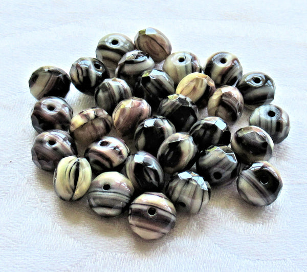 30 Czech glass puffy rondelle beads - 6 x 9mm - black & amethyst marbled w/ white and ivory color mix faceted rondelles, C80201