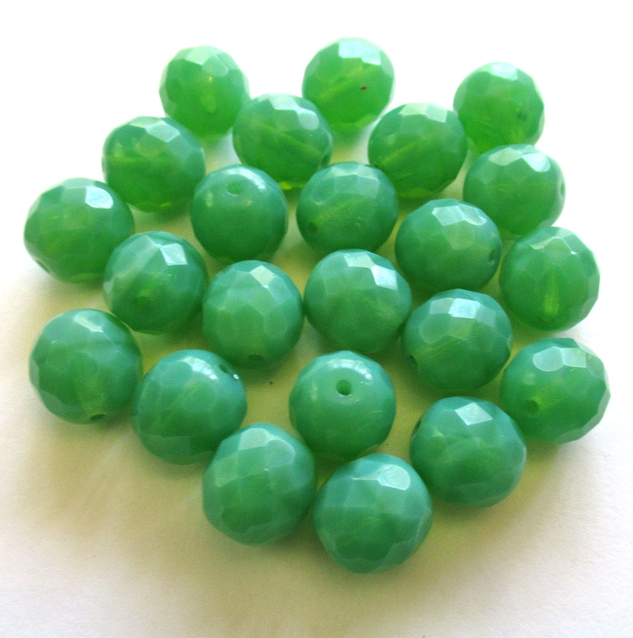 Ten 12mm Czech glass beads - jade green opal beads - faceted round fire polished beads C0077