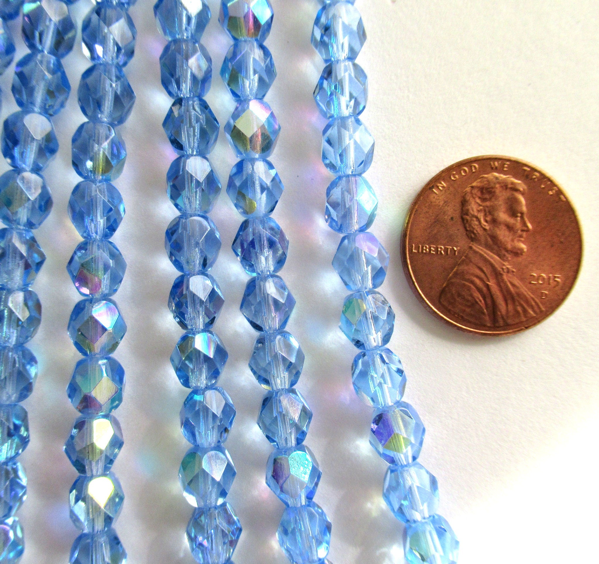 25 6mm Czech glass beads - Medium Sapphire Blue AB fire polished faceted round beads - C0056