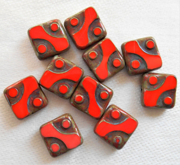Lot of ten 10mm x 10mm square opaque bright red table cut, picasso Czech glass beads with dots C14101