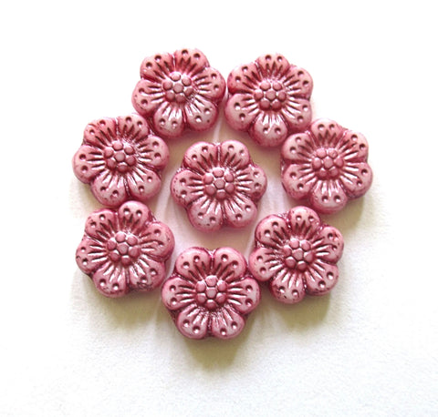 Twelve Czech glass wild rose flower beads - 14mm opaque pink floral beads with luster pink wash C0058