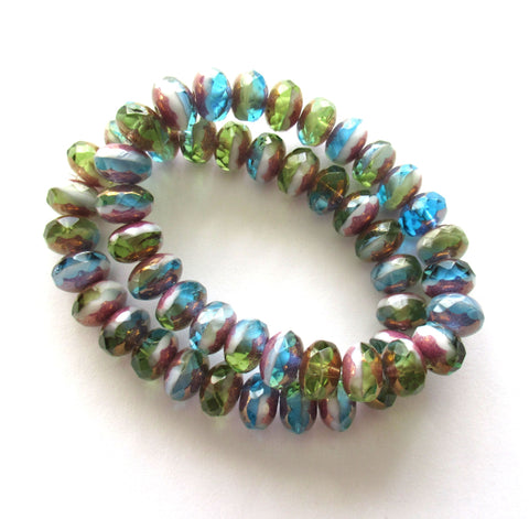 25 Czech glass puffy rondelle beads - 6 x 9mm transparent & opaque Peruvian opal color mix faceted rondelles 00573