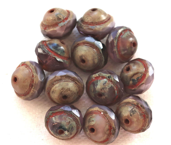 Ten purple Czech glass saturn beads, 8 x 10mm transparent & opaque mix amethyst faceted saucer beads with a picsso finish C04101 - Glorious Glass Beads
