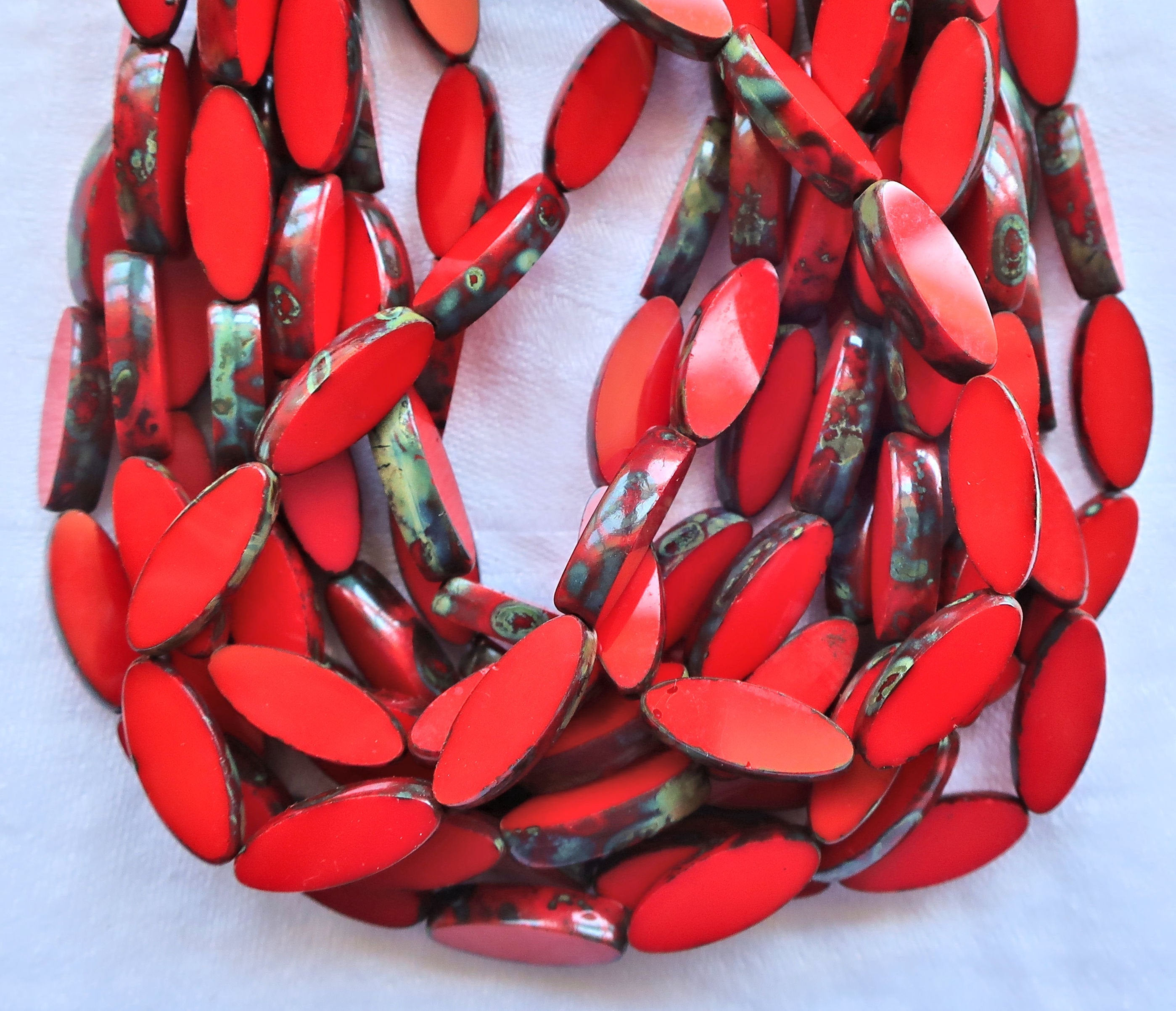 Ten Czech glass spindle beads - 16 x 6mm - opaque bright cherry red table cut picasso - almond shaped rustic earthy tube beads C92101 - Glorious Glass Beads