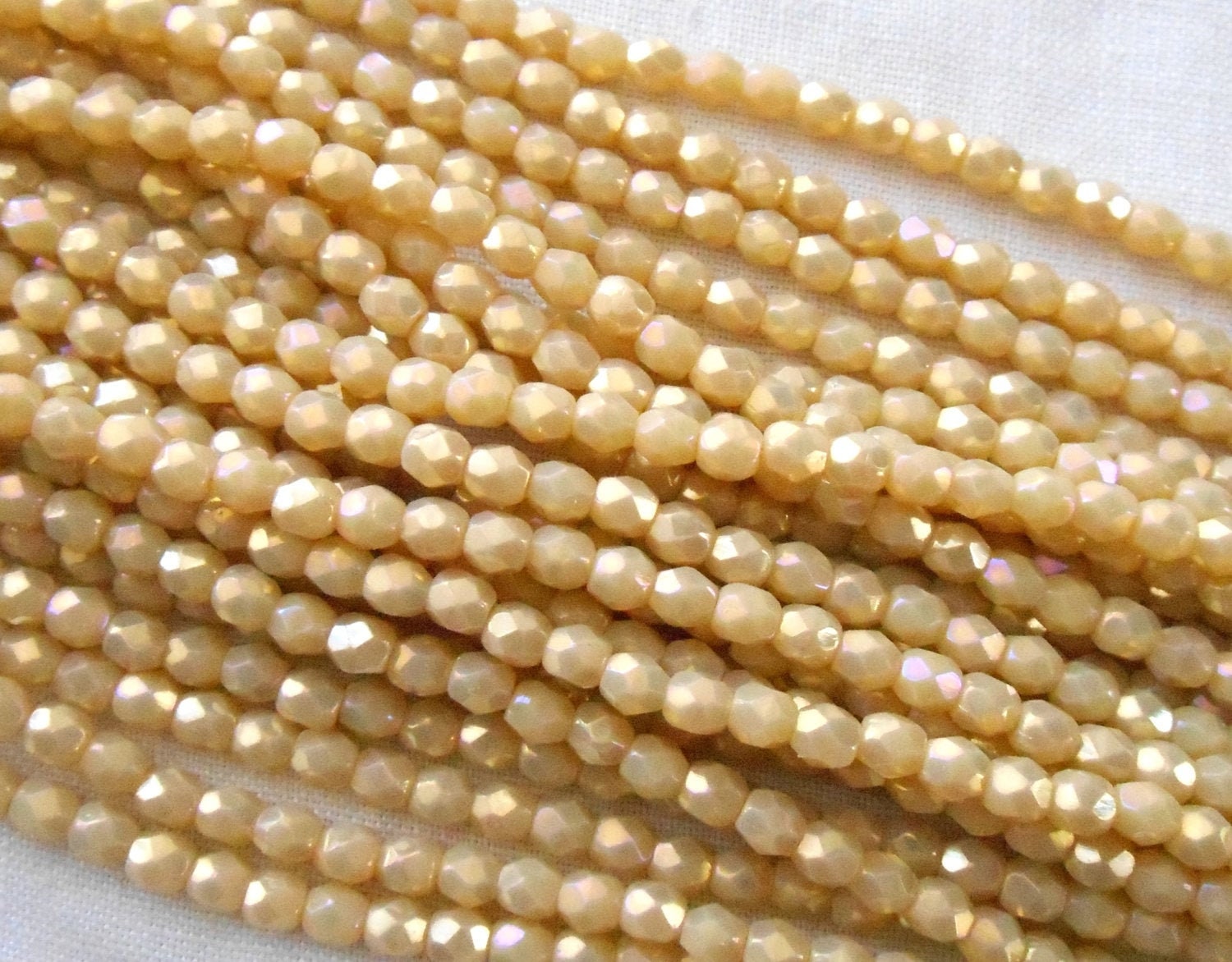 50 3mm Czech glass beads, Opaque, Off White, Antique Beige Luster Iris, fire polished, faceted round beads C3550